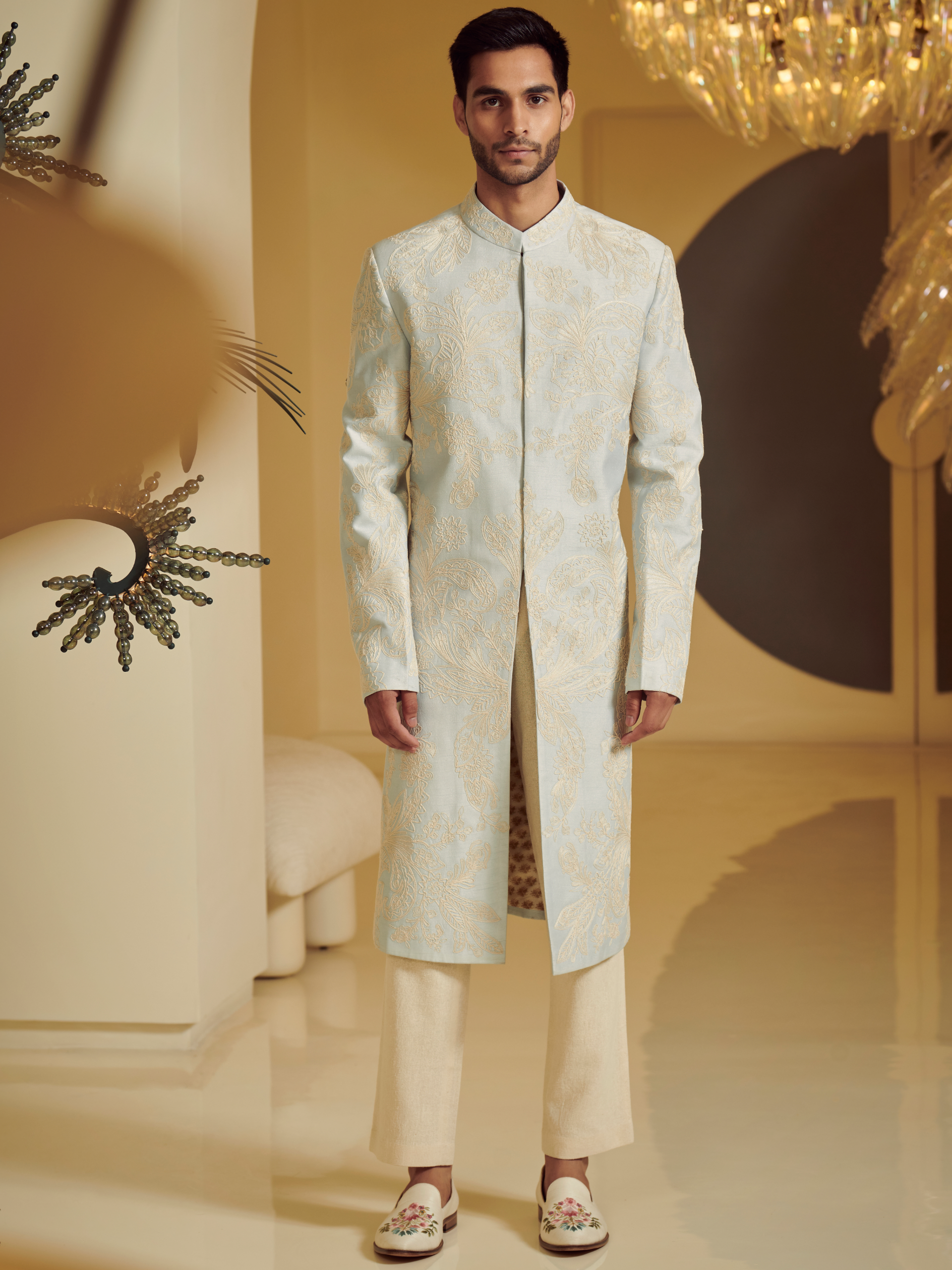 Embroidered Ice Blue Sherwani With Kurta And Churidar