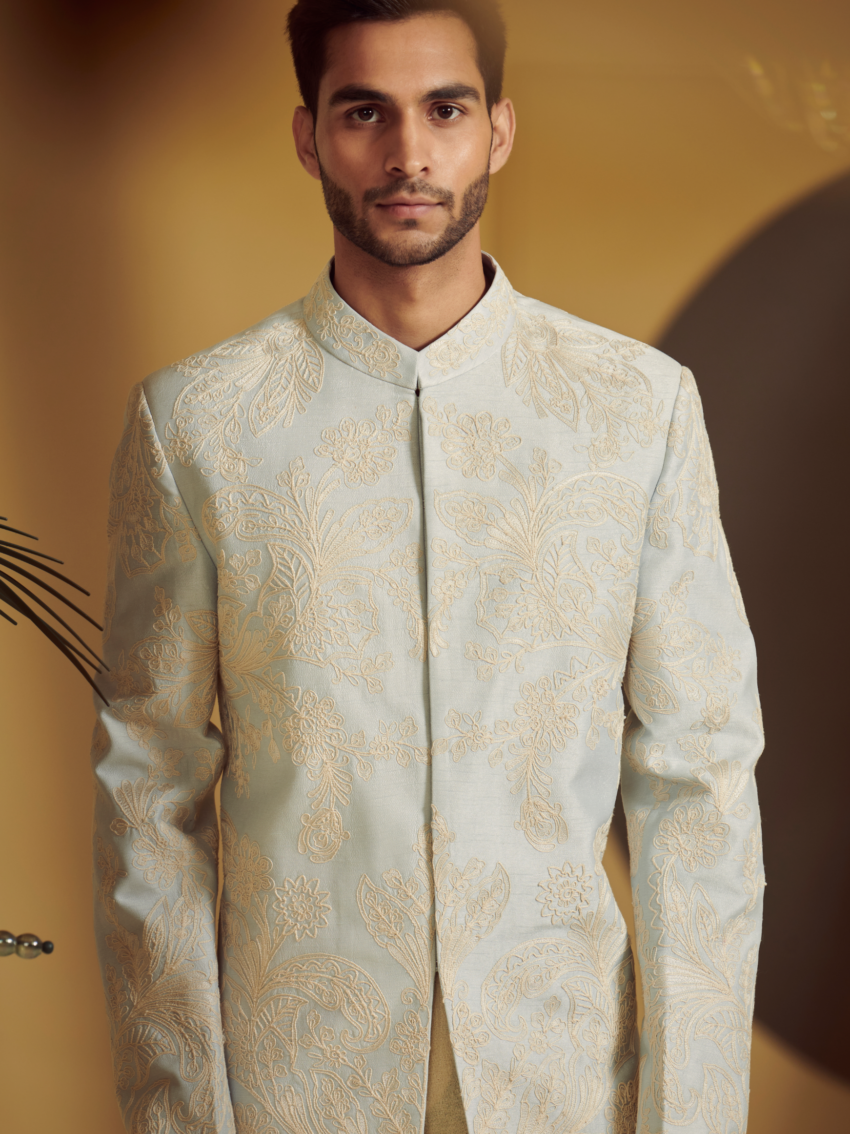 Embroidered Ice Blue Sherwani With Kurta And Churidar