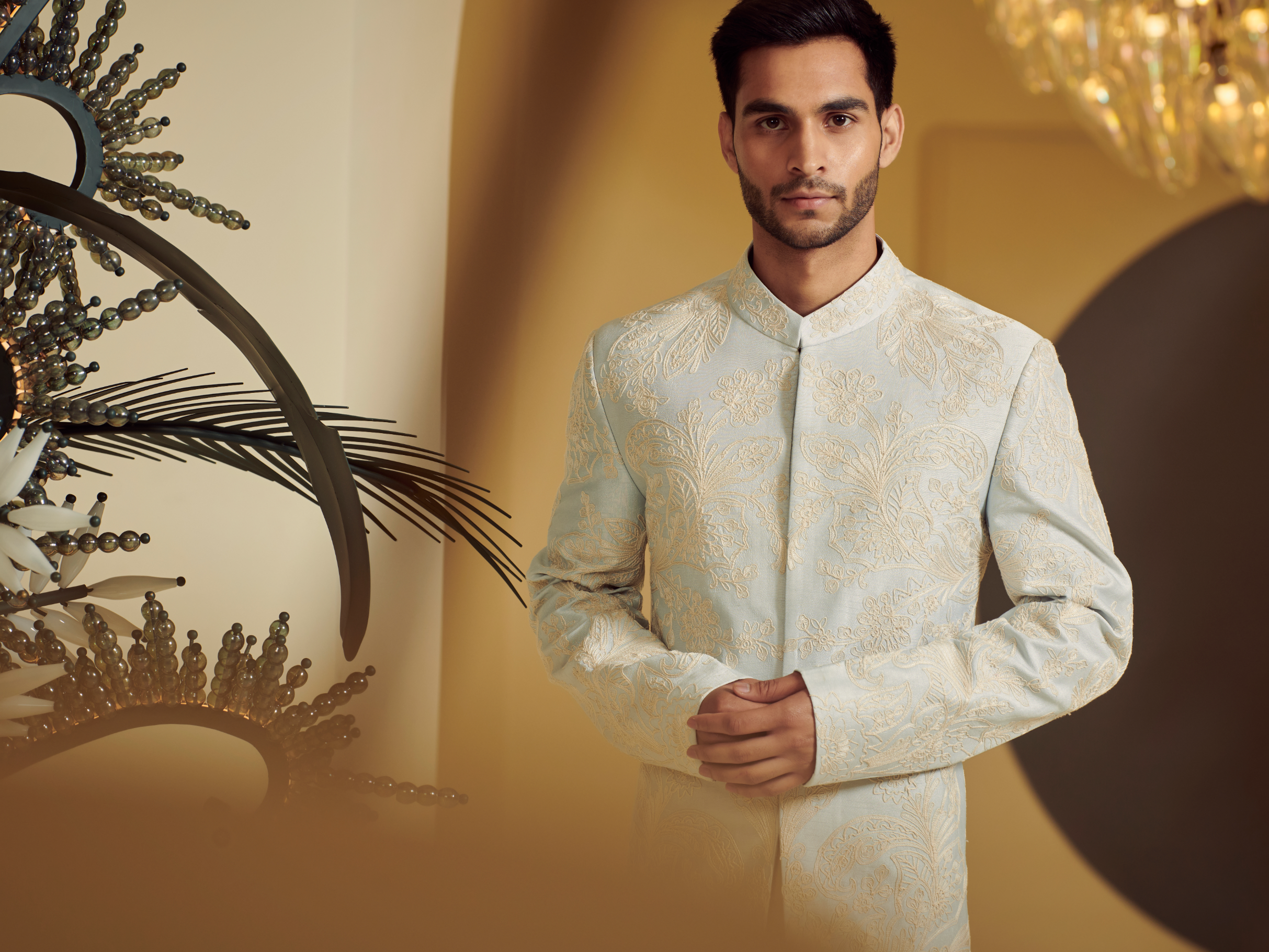 Embroidered Ice Blue Sherwani With Kurta And Churidar