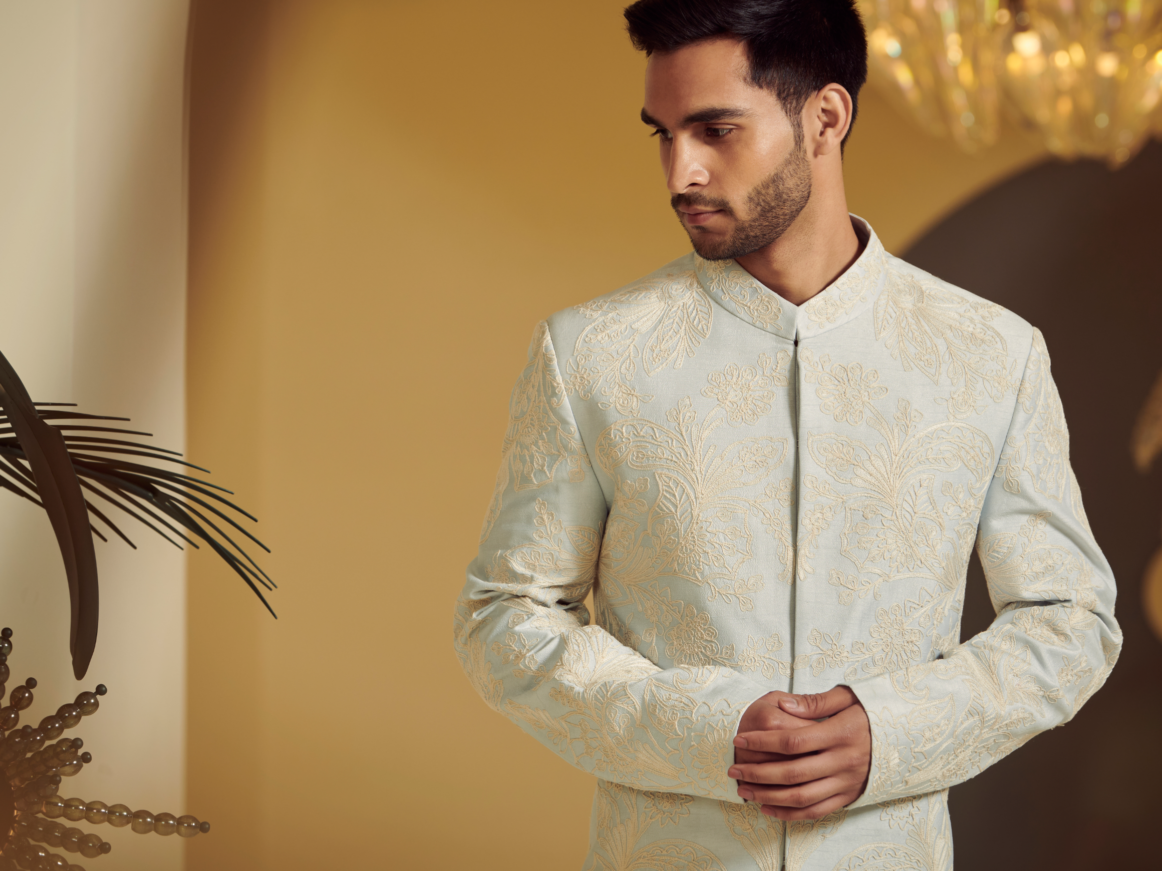 Embroidered Ice Blue Sherwani With Kurta And Churidar