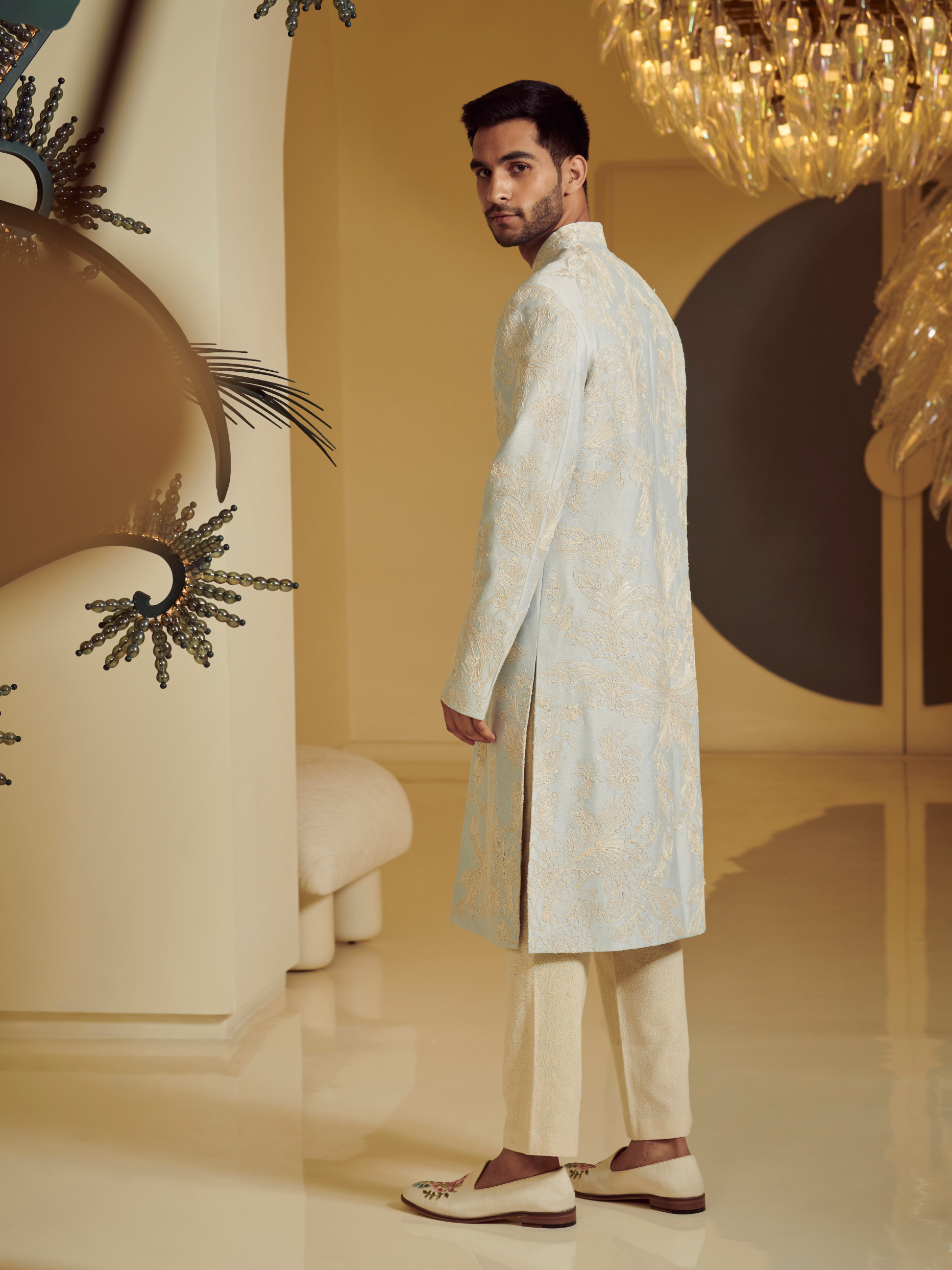 Embroidered Ice Blue Sherwani With Kurta And Churidar