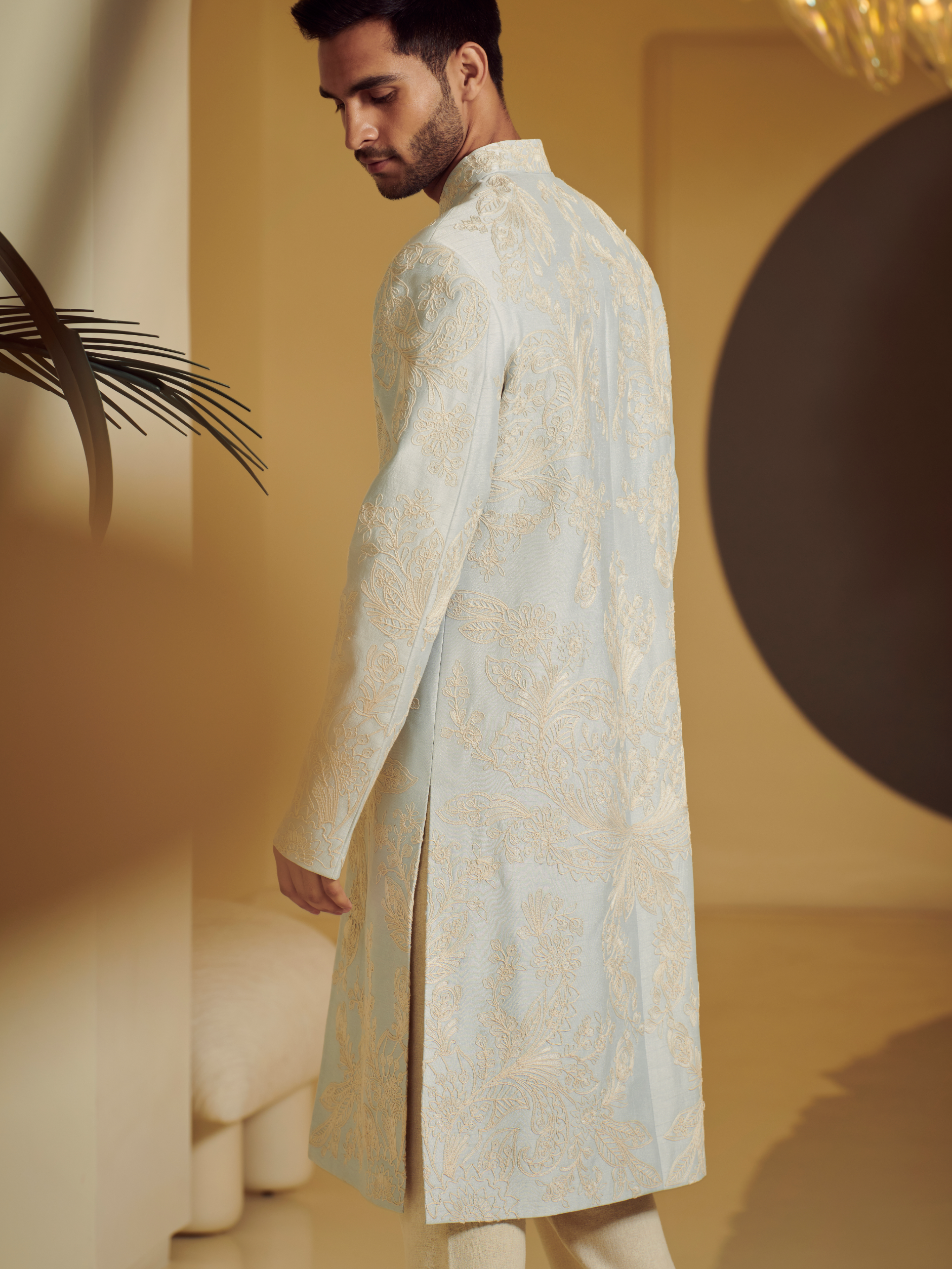 Embroidered Ice Blue Sherwani With Kurta And Churidar