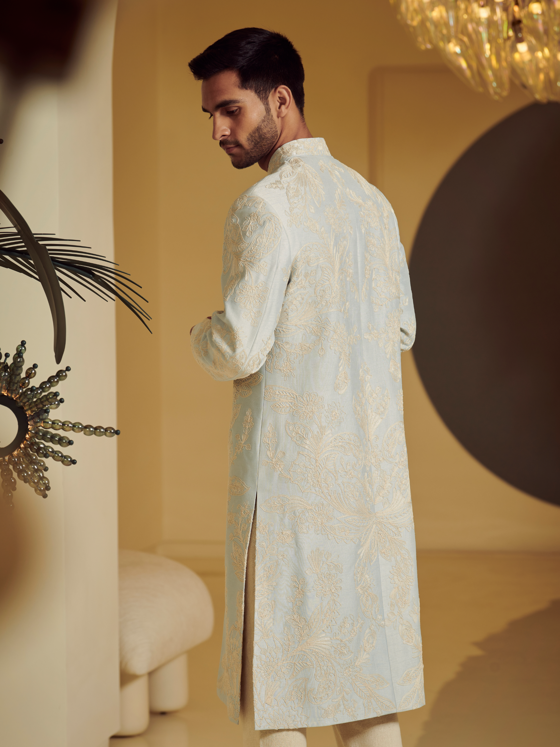 Embroidered Ice Blue Sherwani With Kurta And Churidar