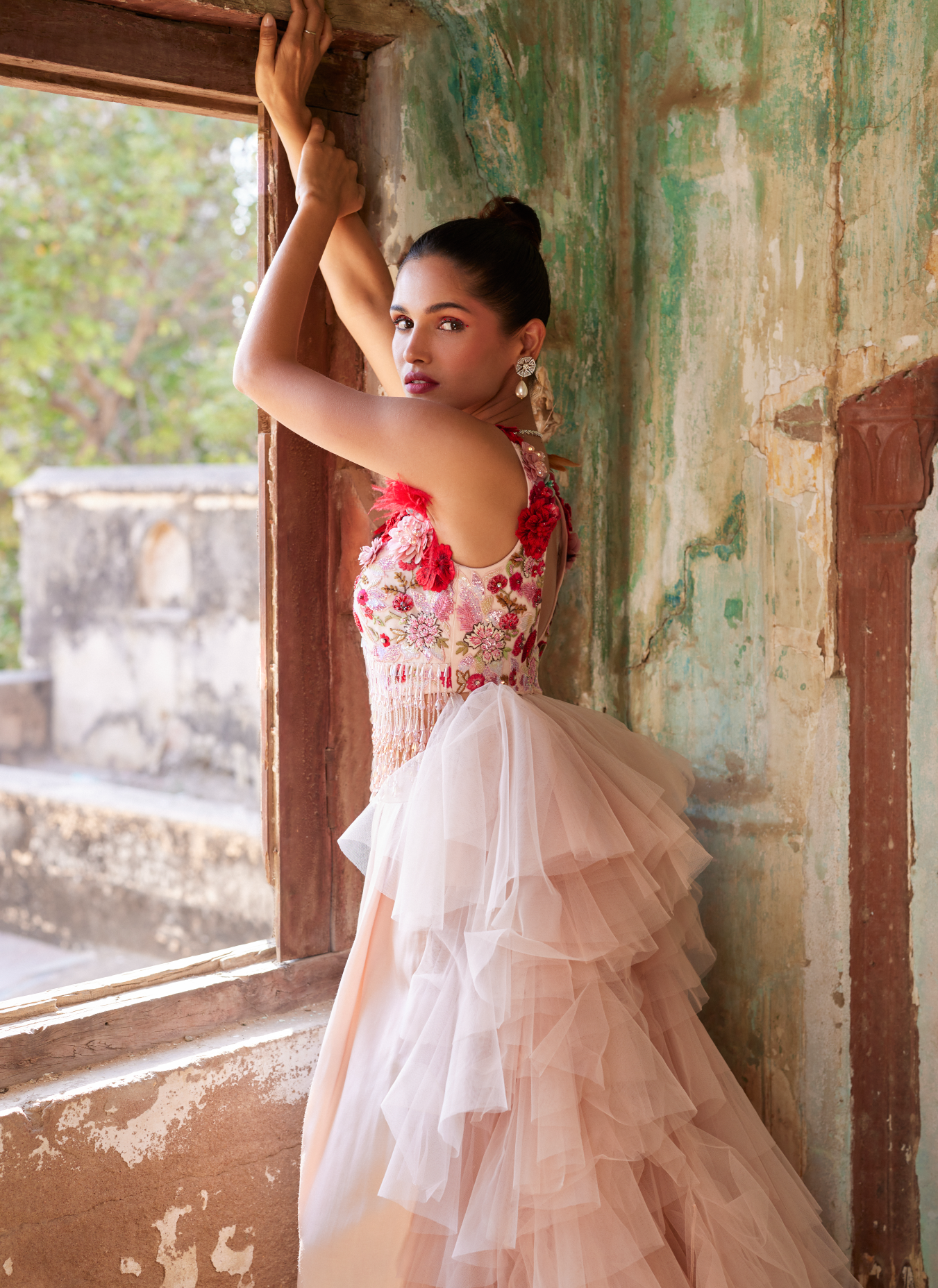 Light Salmon Pink Corsage Ruffle Top & Trousers Set