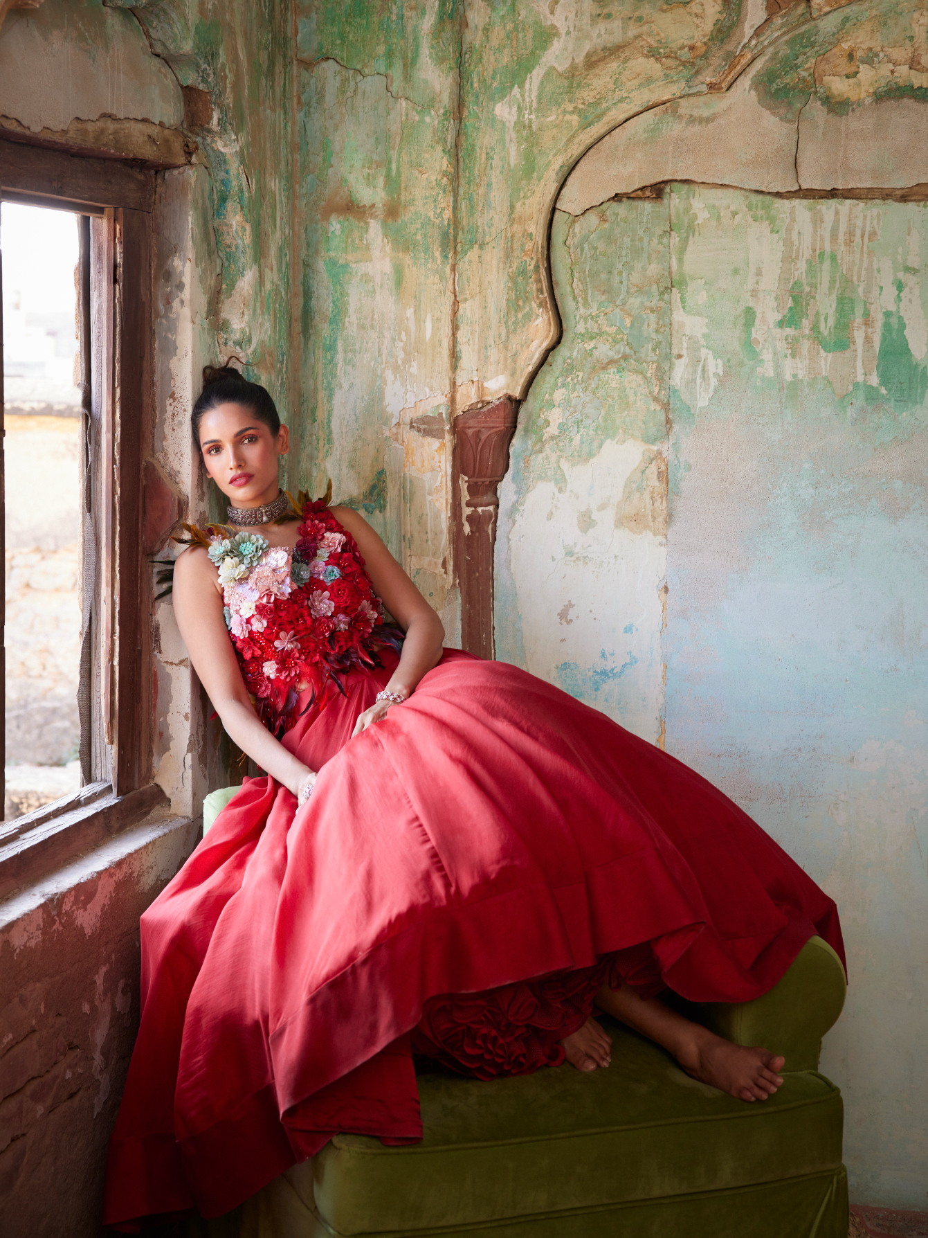 Scarlet Red Corsage Top & Skirt Set