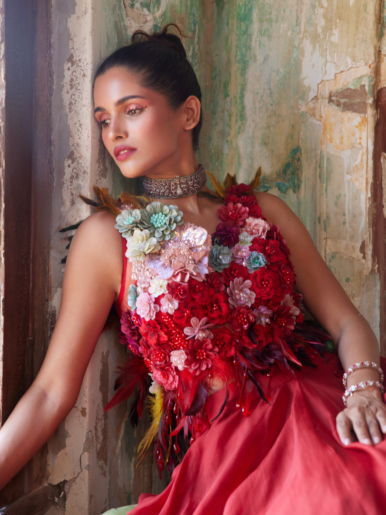 Scarlet Red Corsage Top & Skirt Set