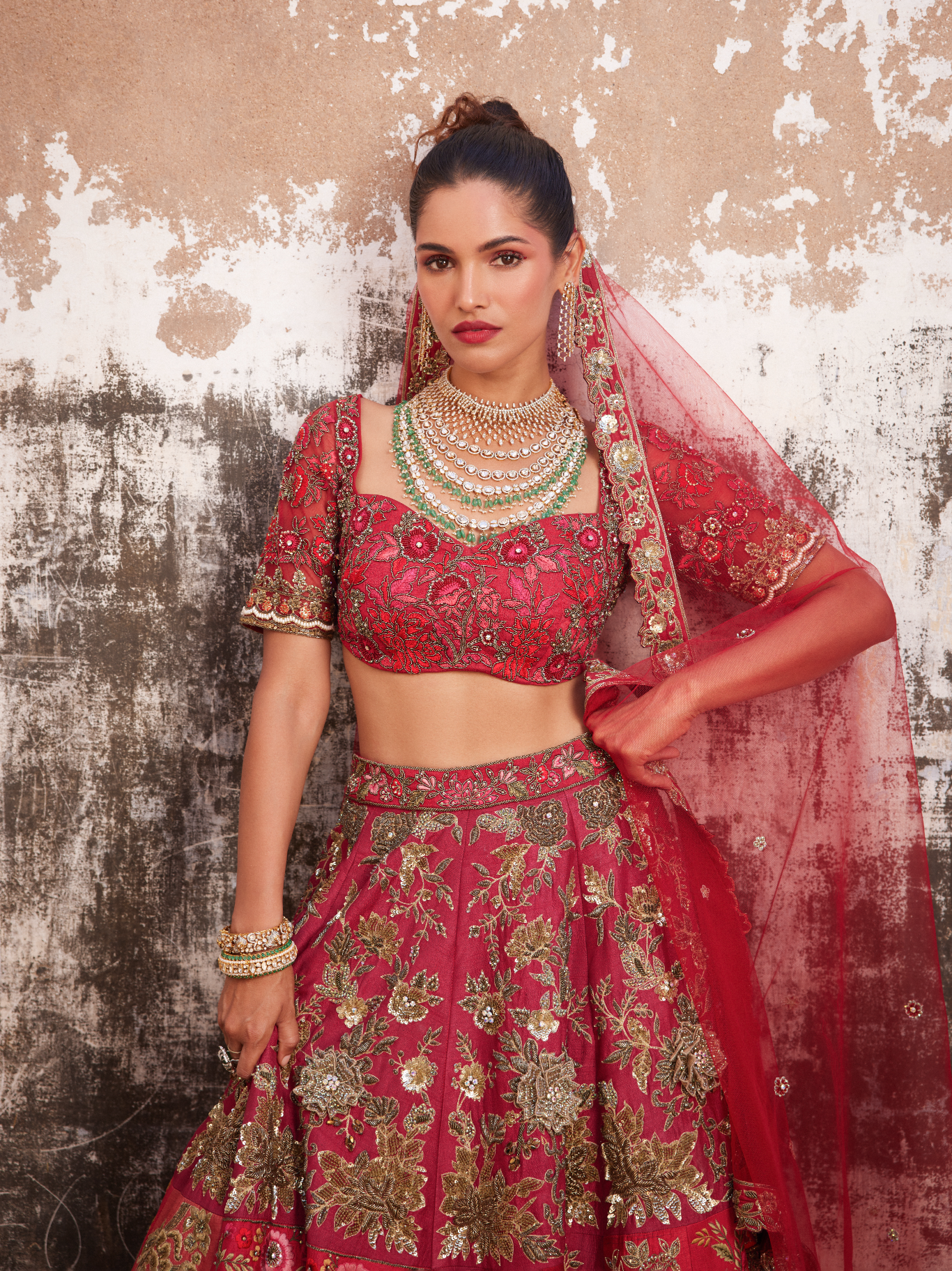 Red Multi Patchwork Embroidered Lehenga Set