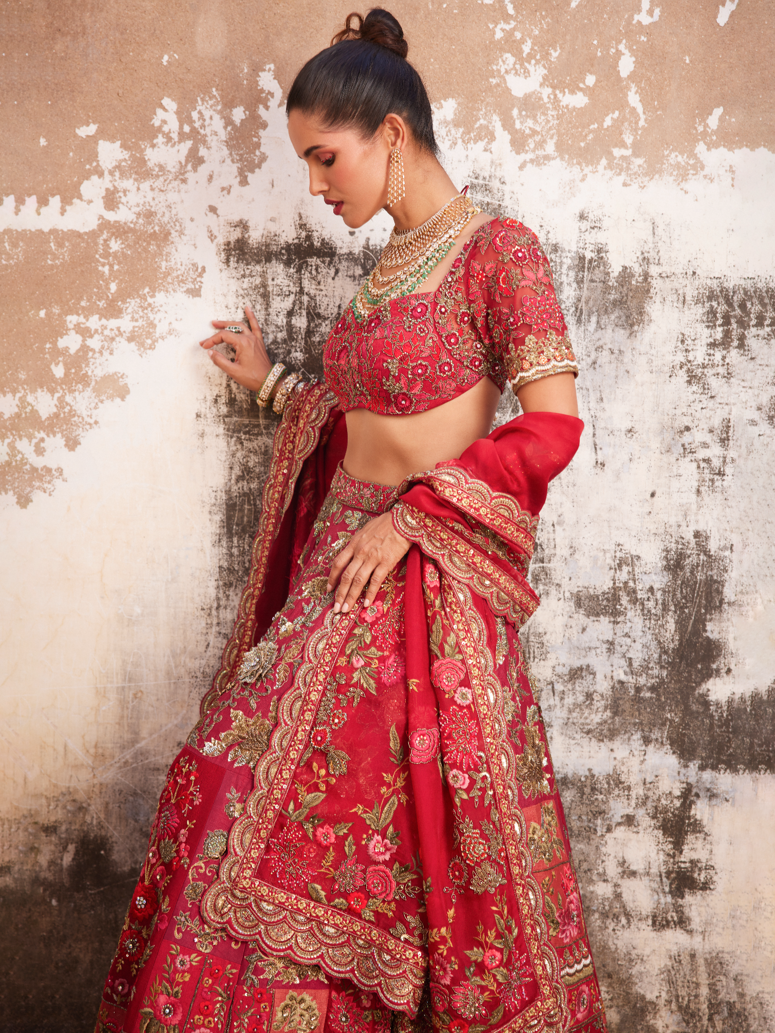 Red Multi Patchwork Lehenga With Blouse & Dupatta Set