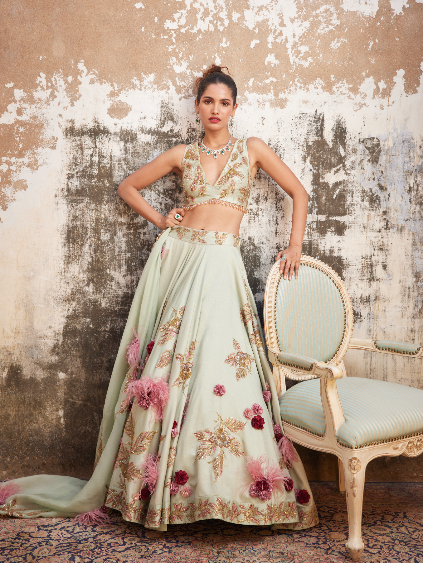 Mint Green Chanderi And Organza Lehenga Set