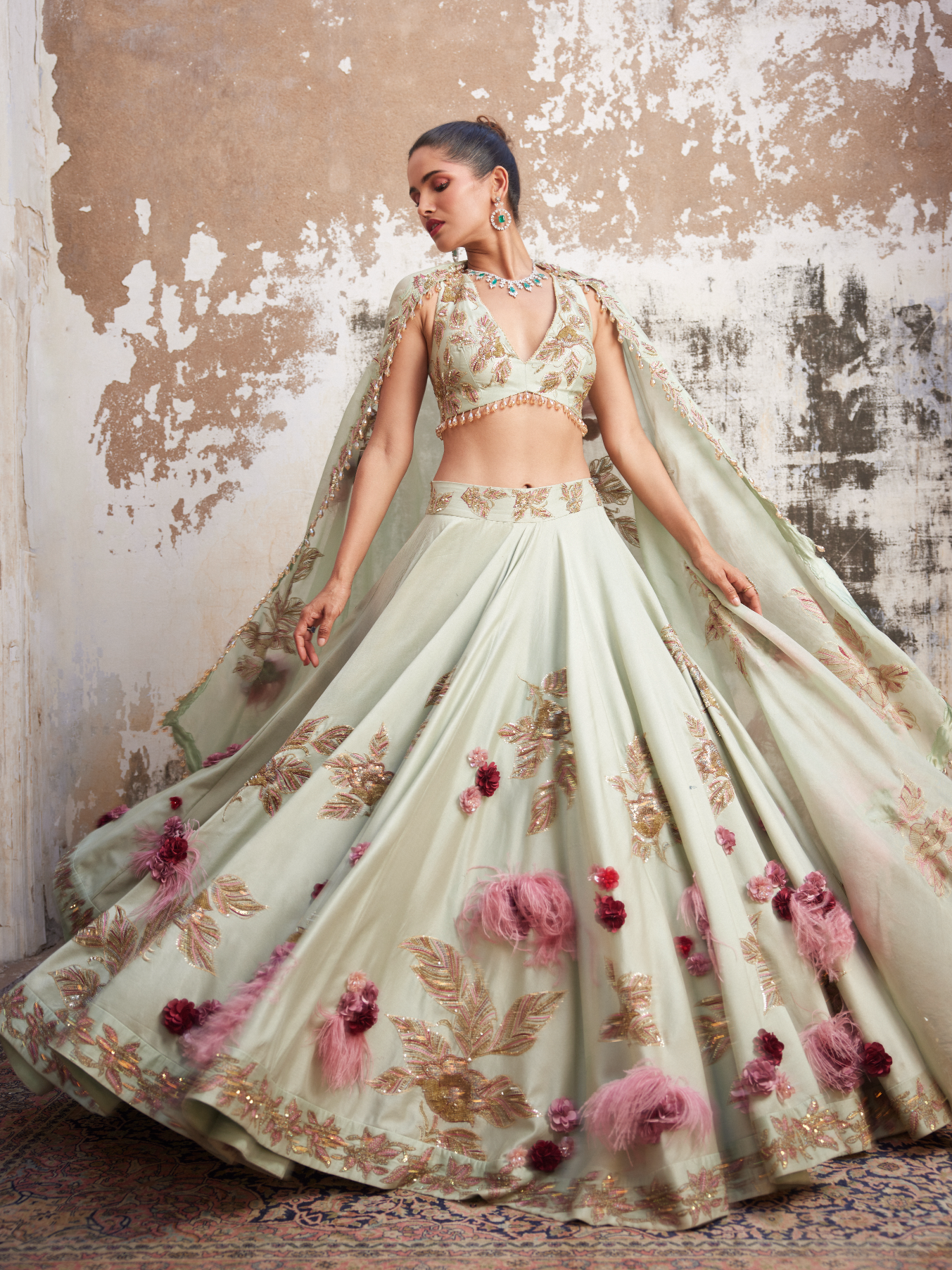 Mint & Gold Corsage Lehenga Set