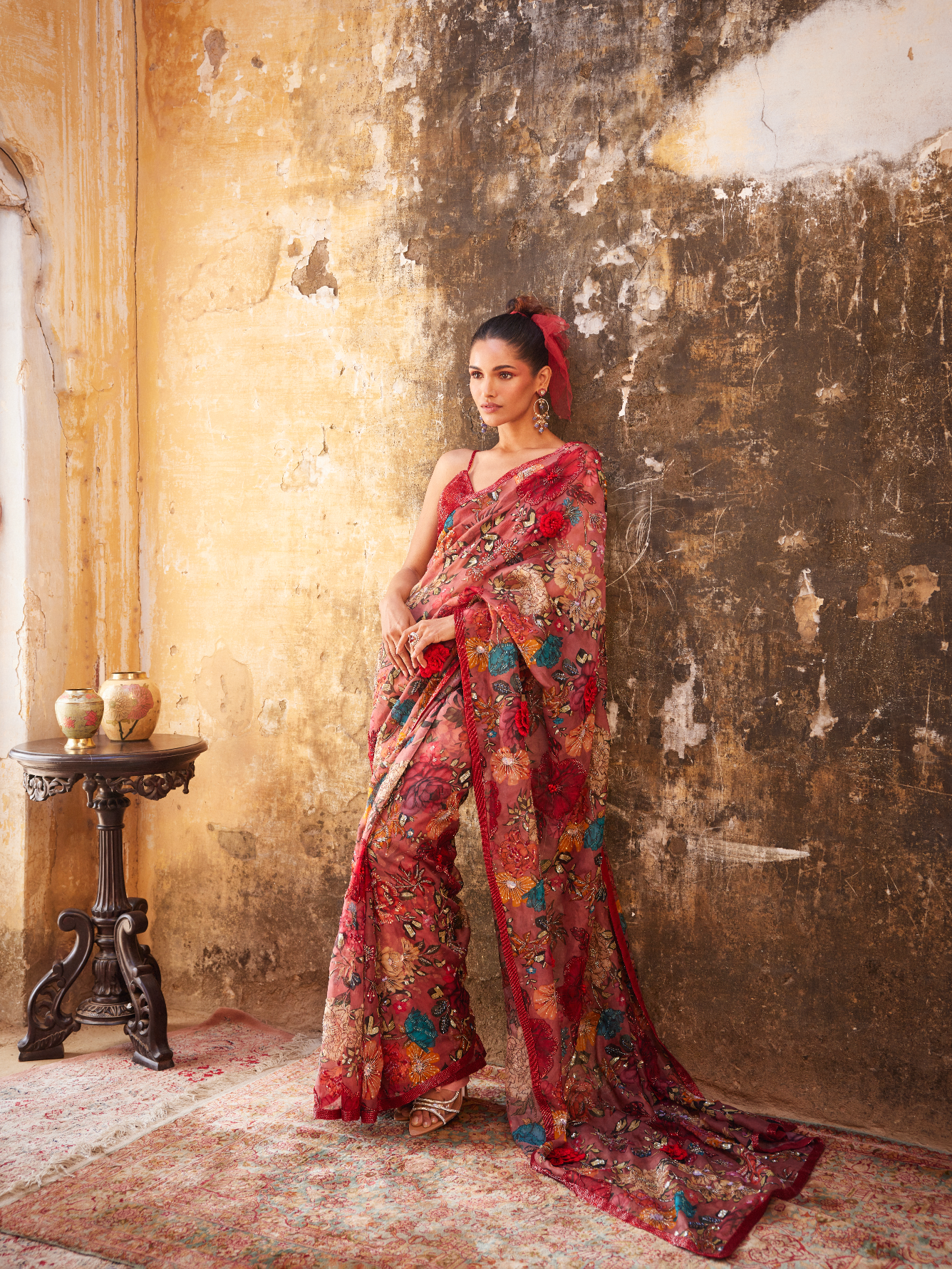 Old Rose Floral Printed Saree Set