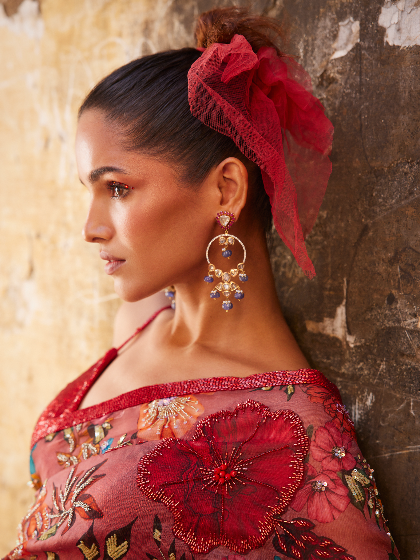Old Rose Floral Printed Saree Set