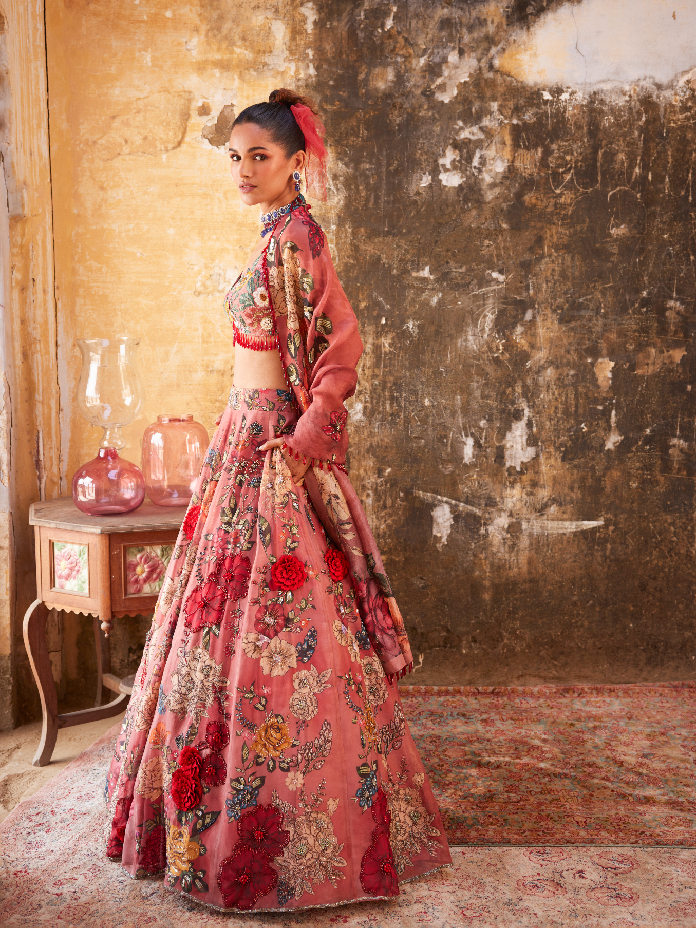 Old Rose Floral Printed & Embroidered Lehenga Set