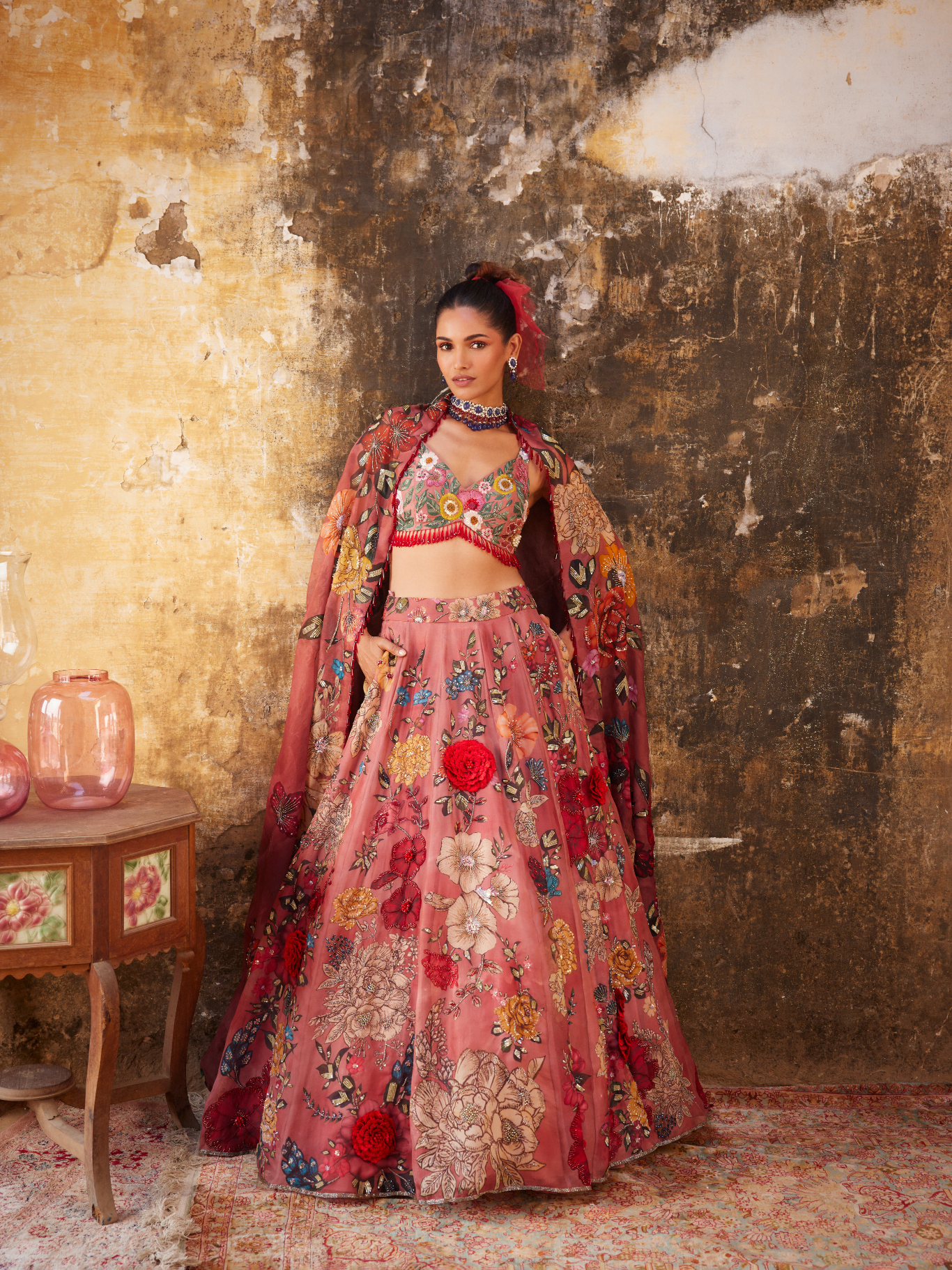 Old Rose Embroidered Floral Print Lehenga Set