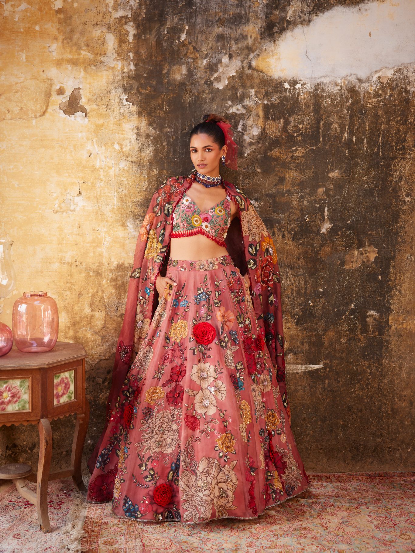 Old Rose Floral Printed & Embroidered Lehenga Set