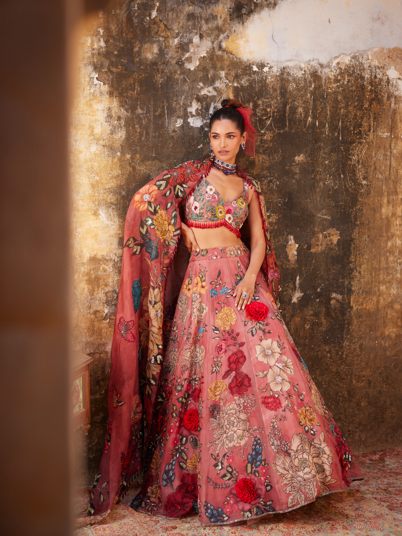 Old Rose Floral Printed & Embroidered Lehenga Set