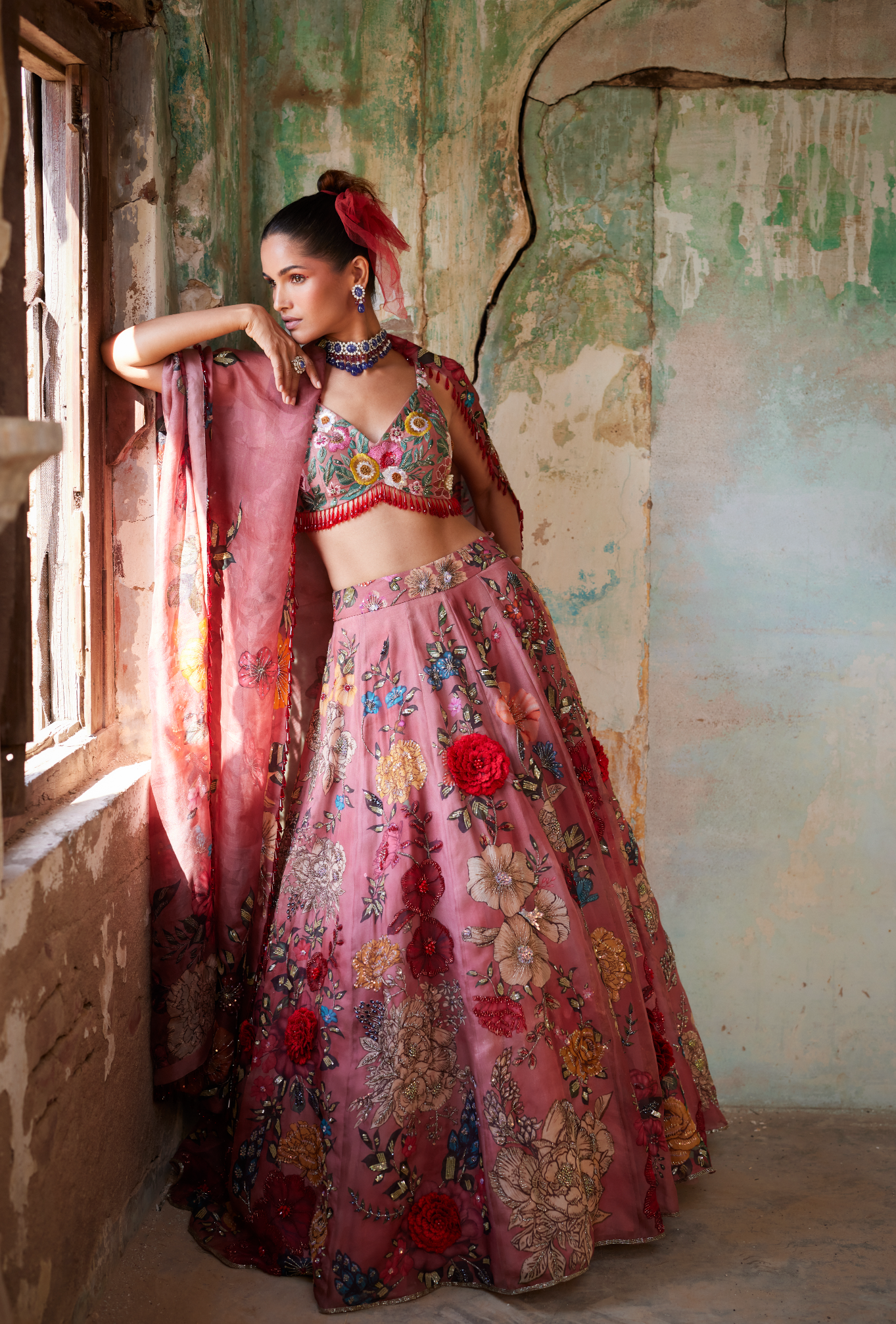 Old Rose Floral Printed & Embroidered Lehenga Set