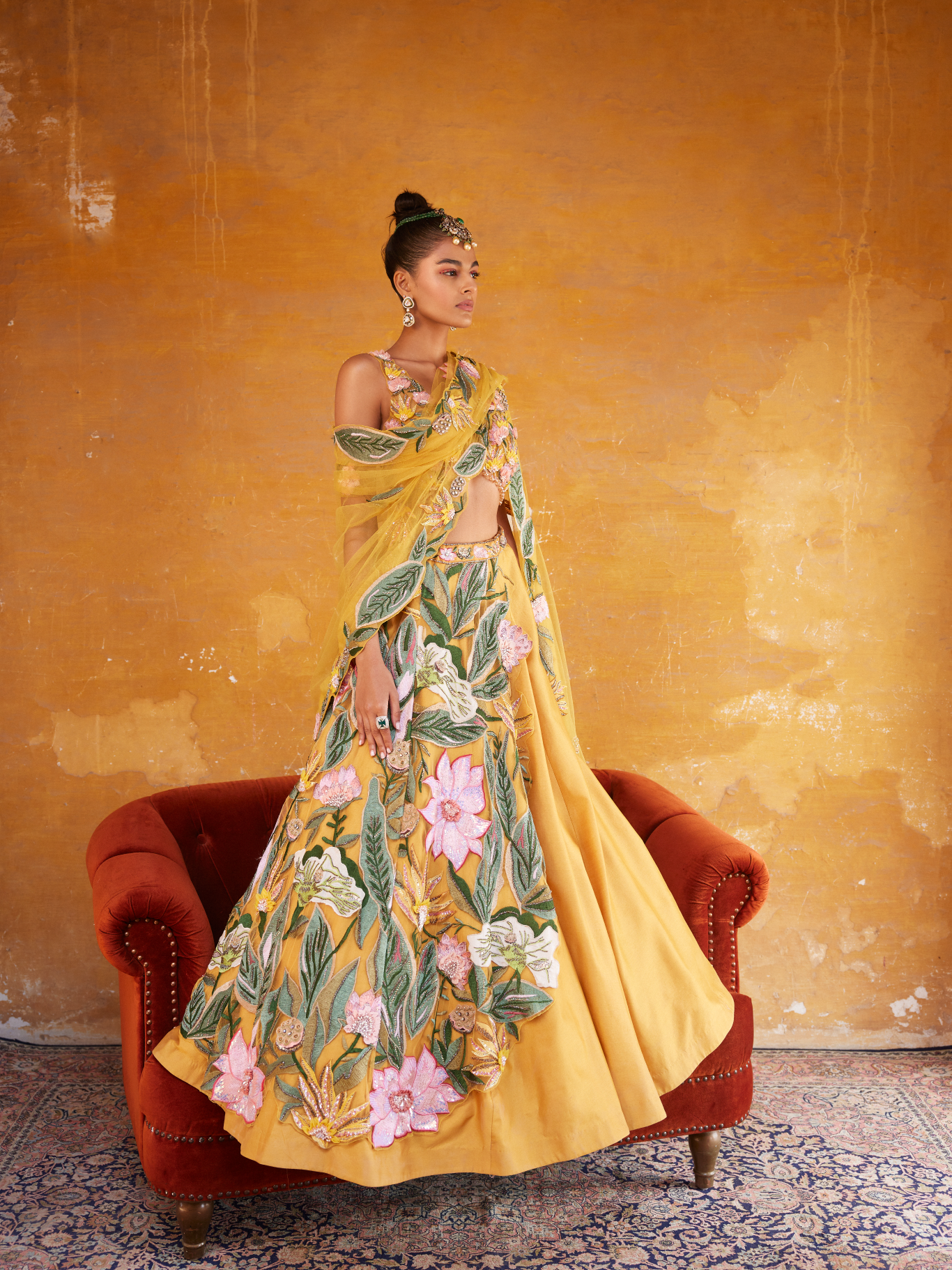 Yellow Chanderi Embroidered Lehenga Set