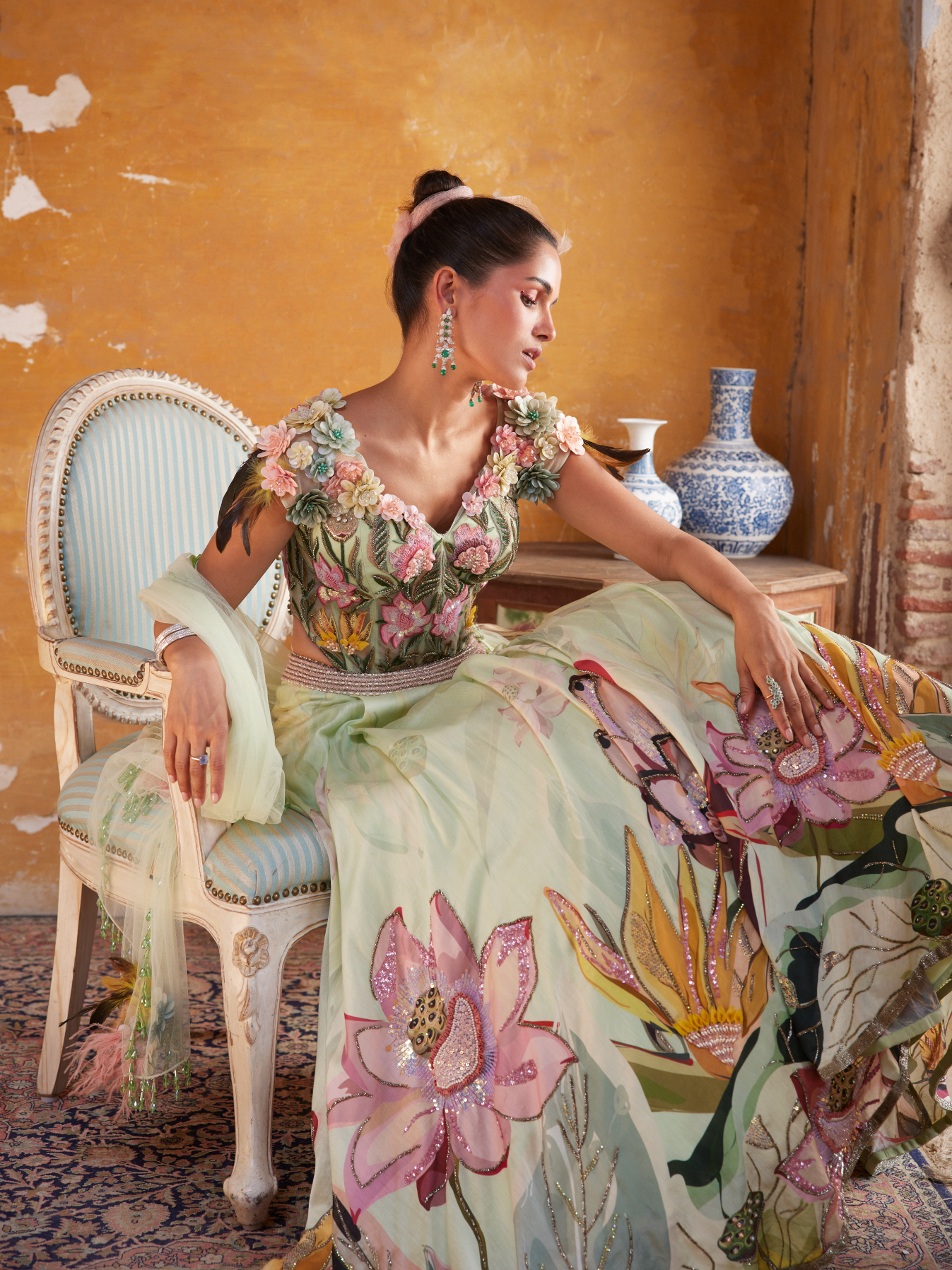 Tea Green Chanderi Floral Print Lehenga Set