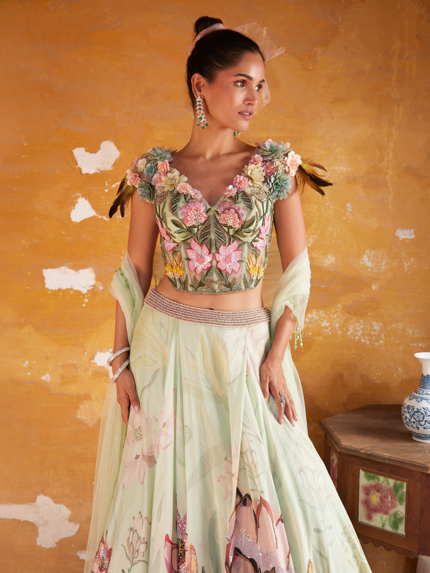 Tea Green Floral Lehenga Set