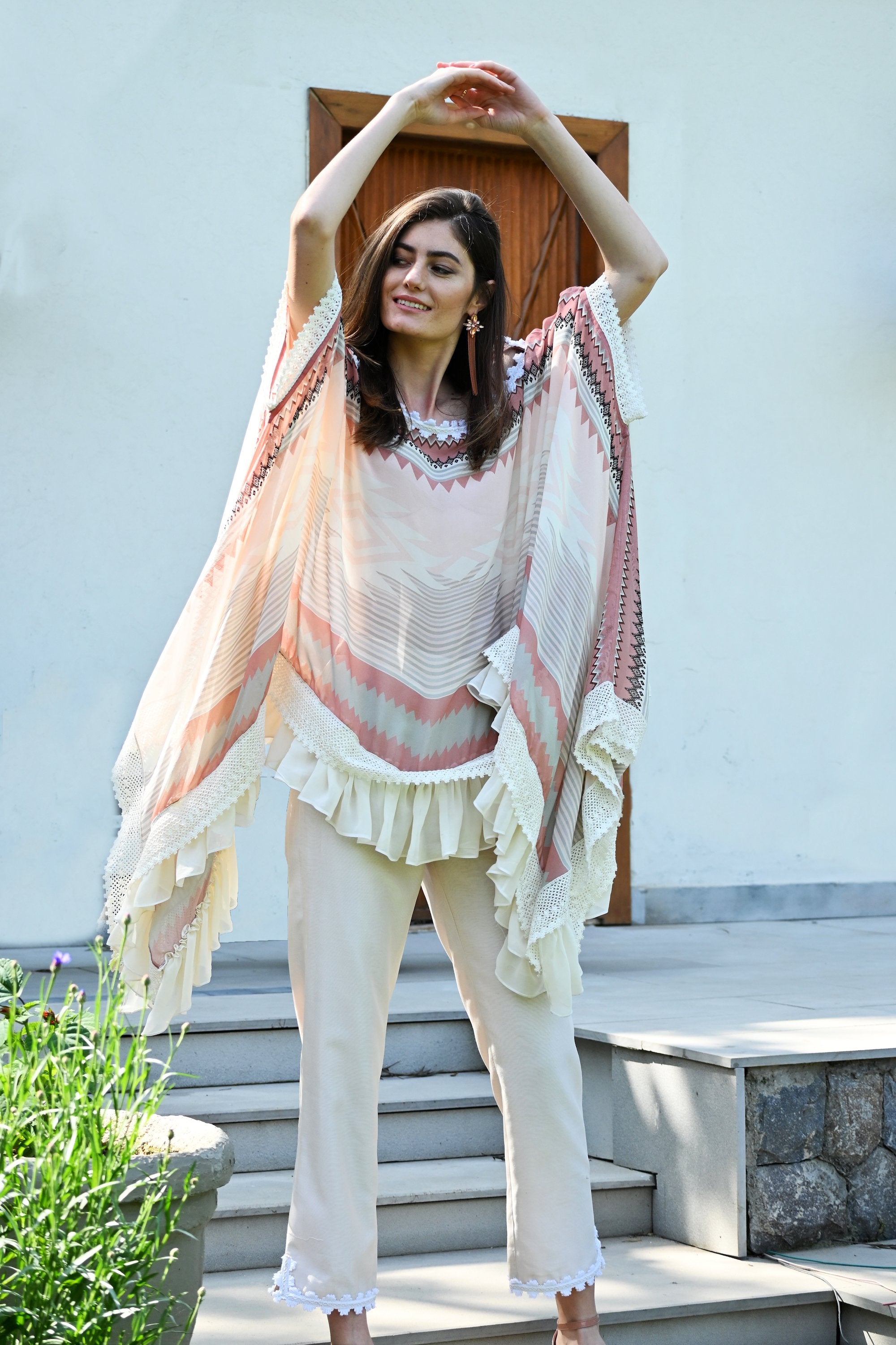 Coral Kilim Georgette Printed Cape