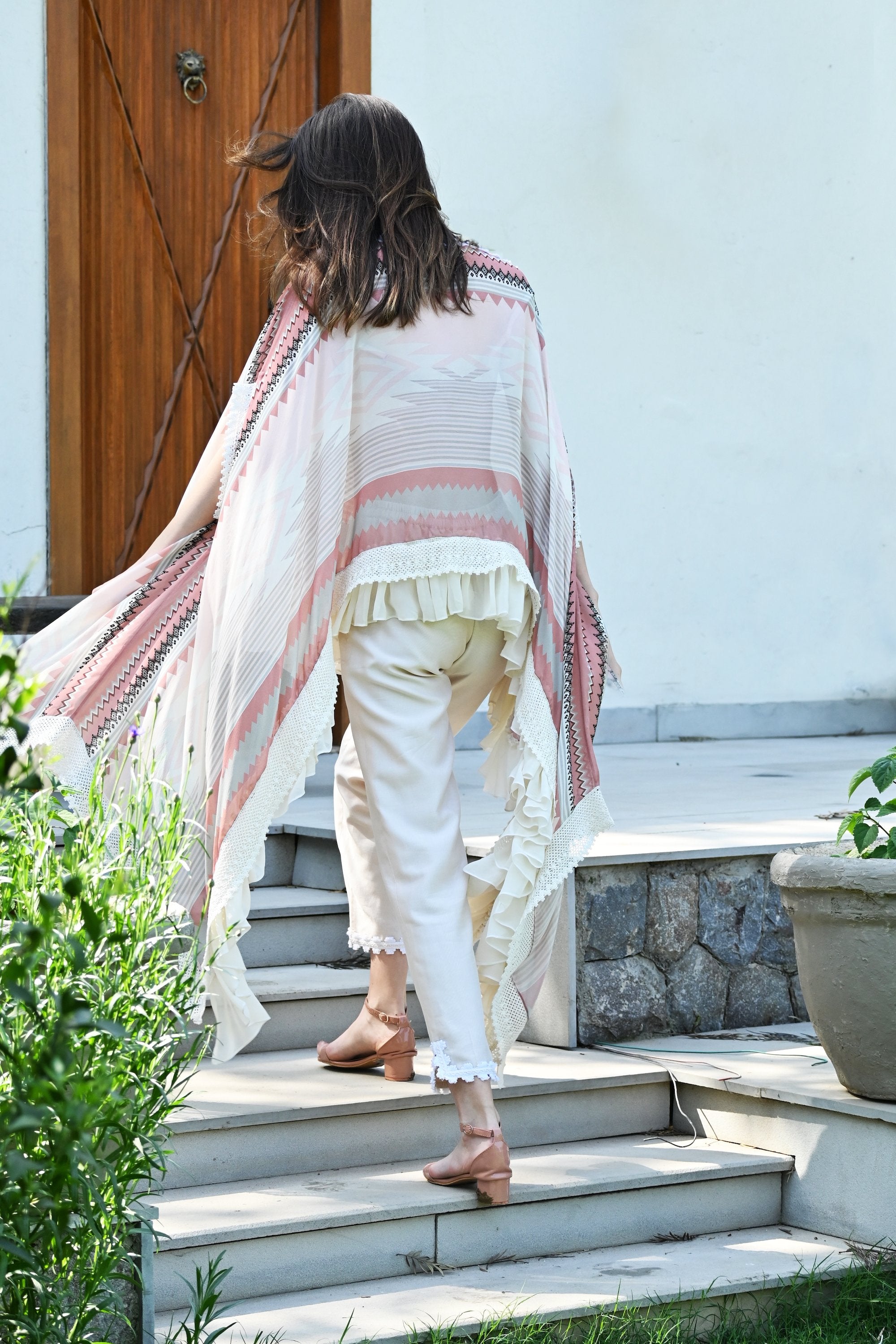 Coral Kilim Georgette Printed Cape