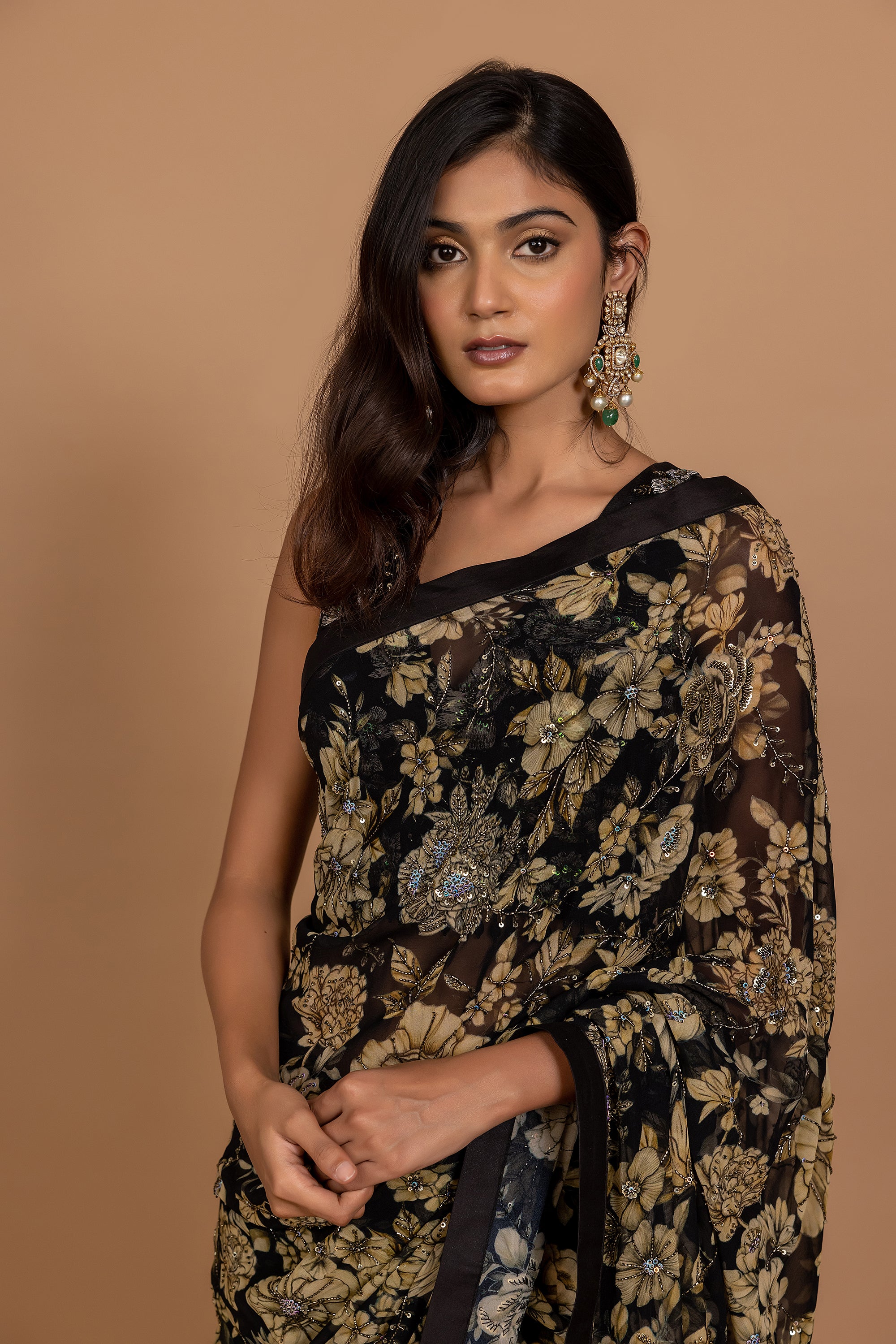 Black Floral Printed & Embroidered Saree Set