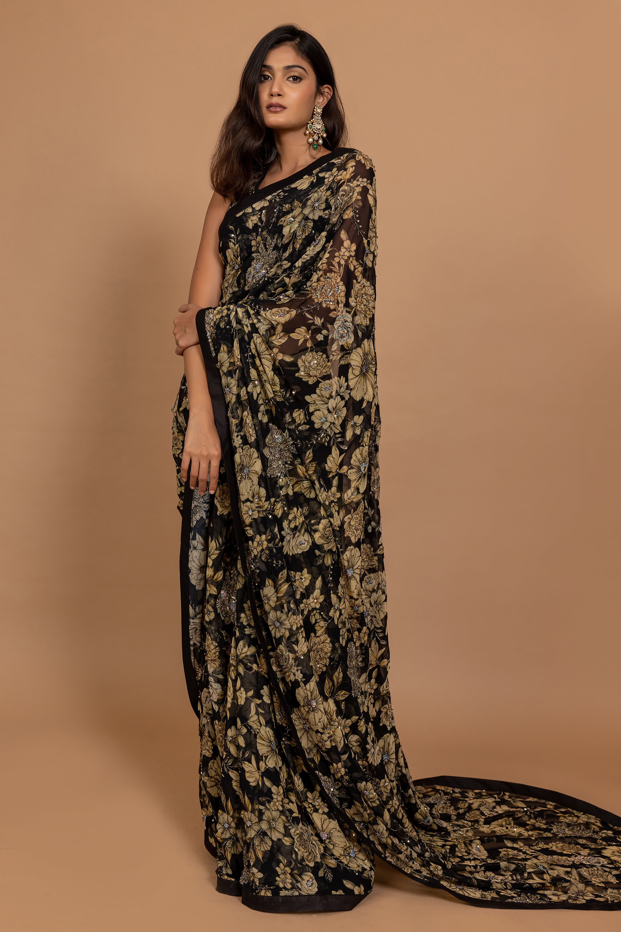 Black Floral Printed & Embroidered Saree Set