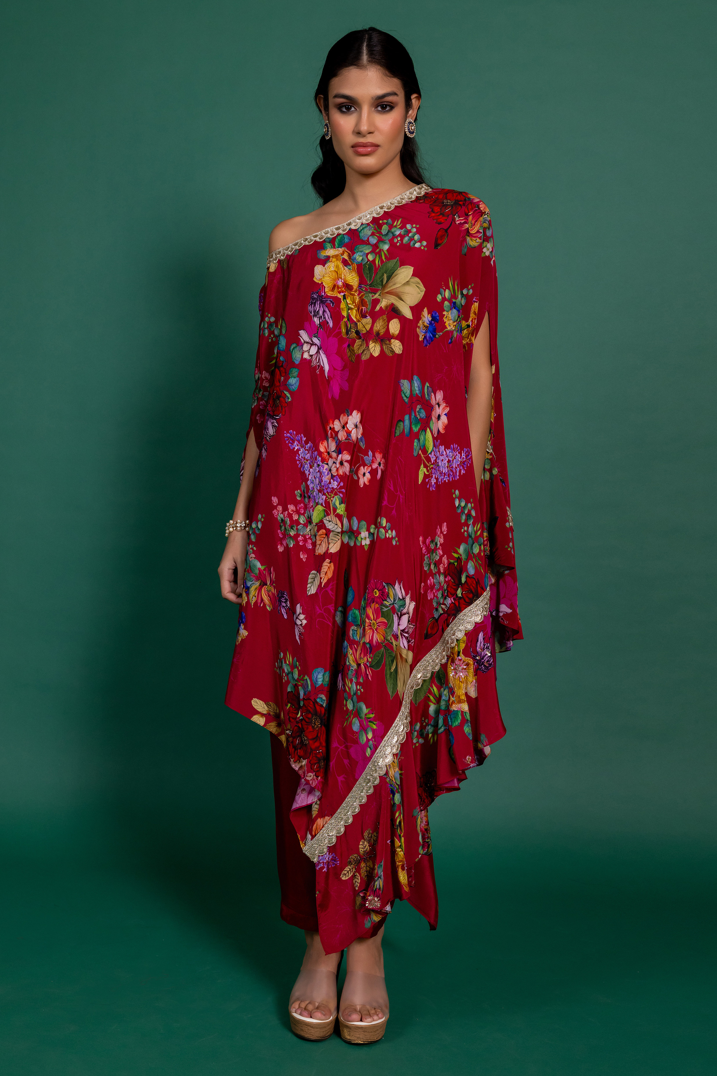 Fuchsia Pink Printed Off-Shoulder Asymmetric Kurta Set