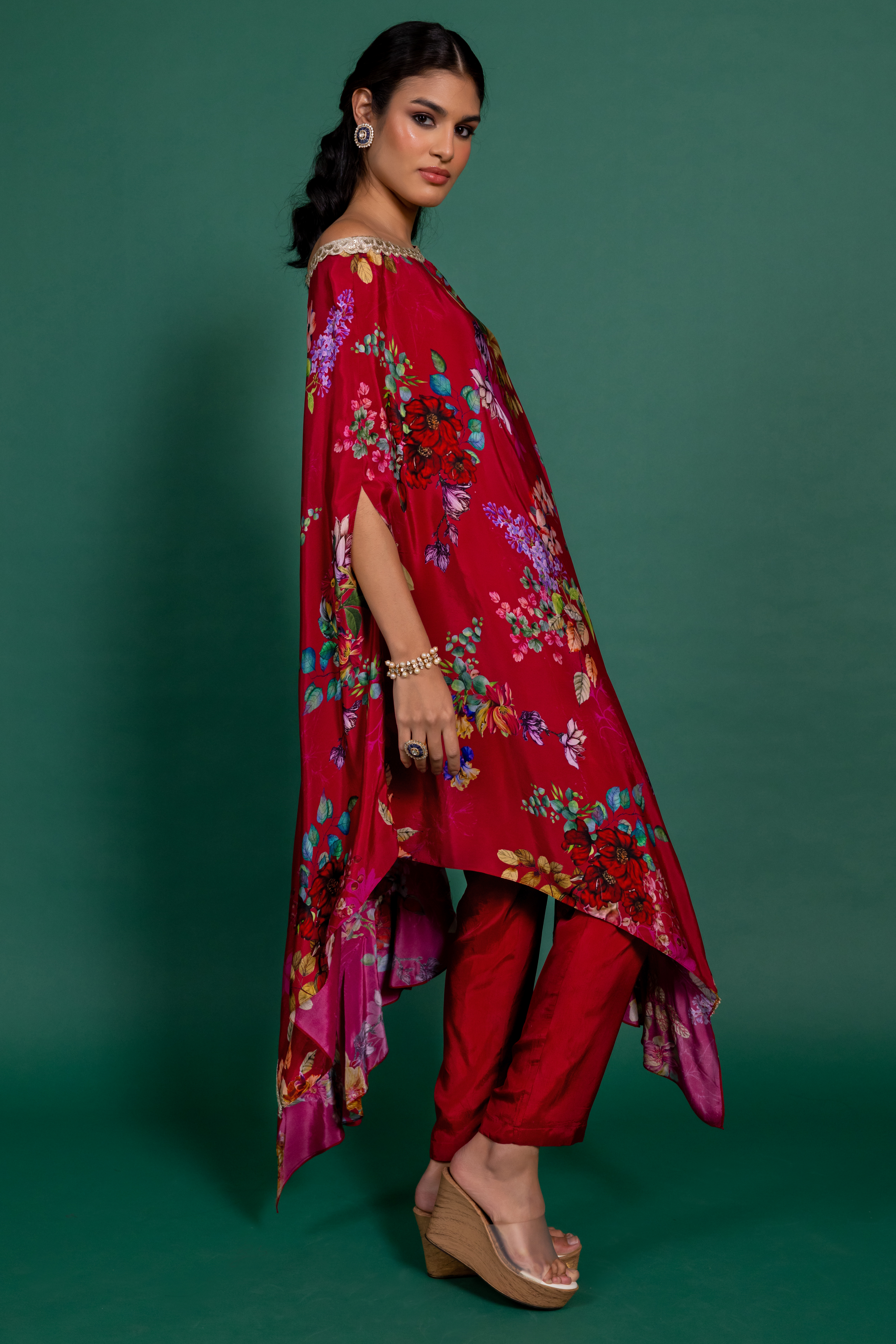 Fuchsia Pink Printed Off-Shoulder Asymmetric Kurta Set