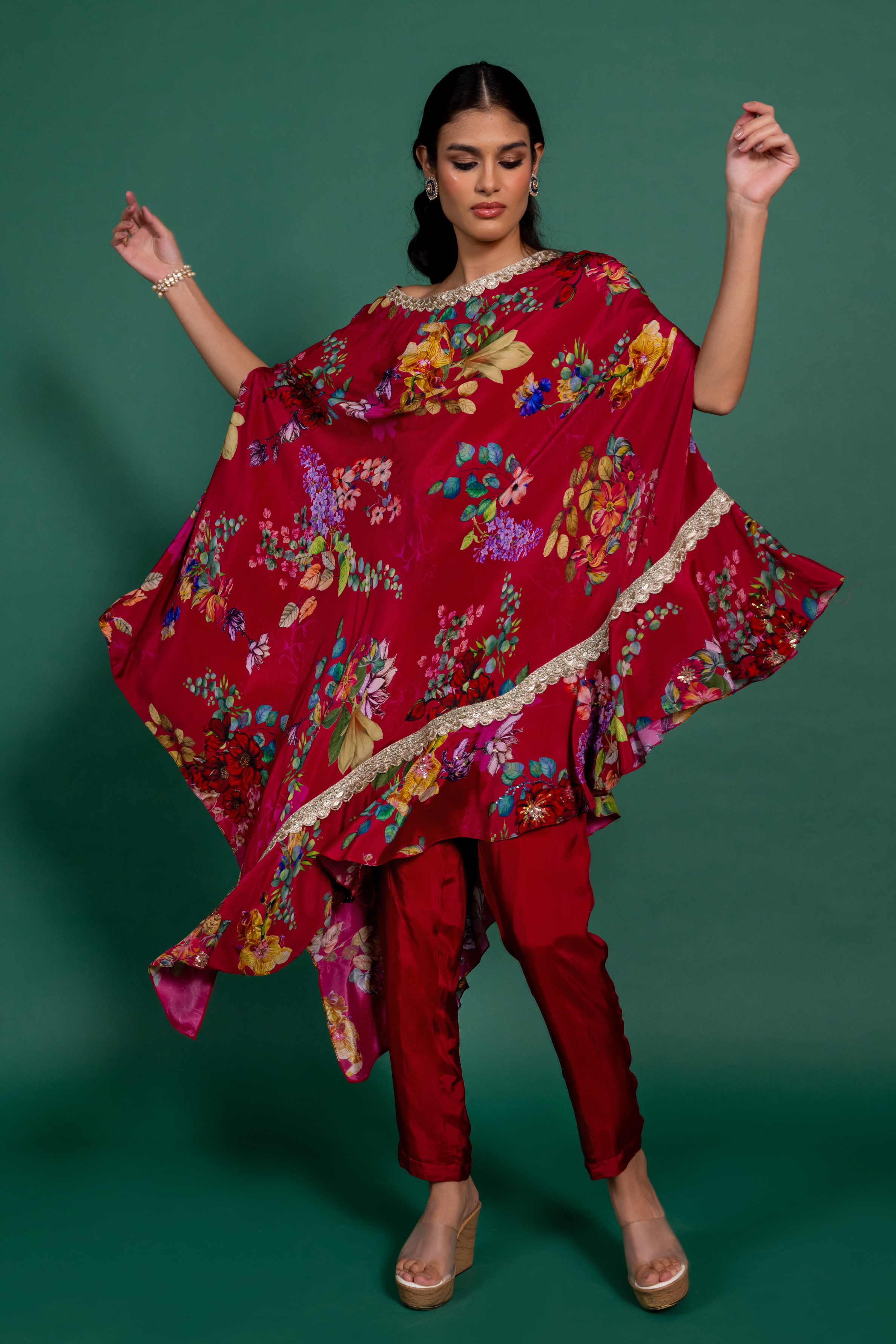 Fuchsia Pink Printed Off-Shoulder Asymmetric Kurta Set
