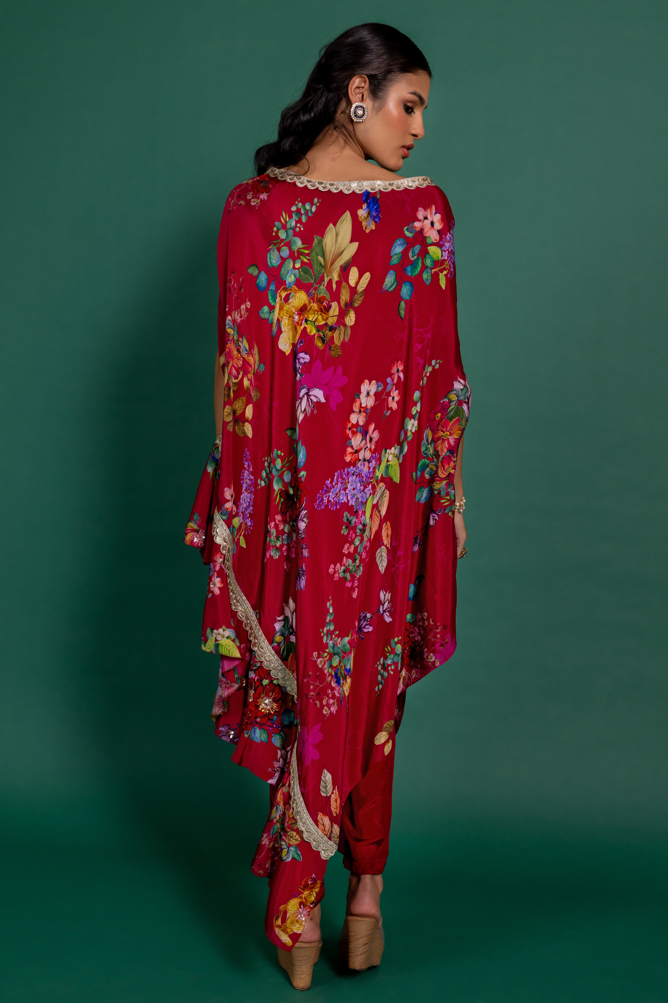 Fuchsia Pink Printed Off-Shoulder Asymmetric Kurta Set