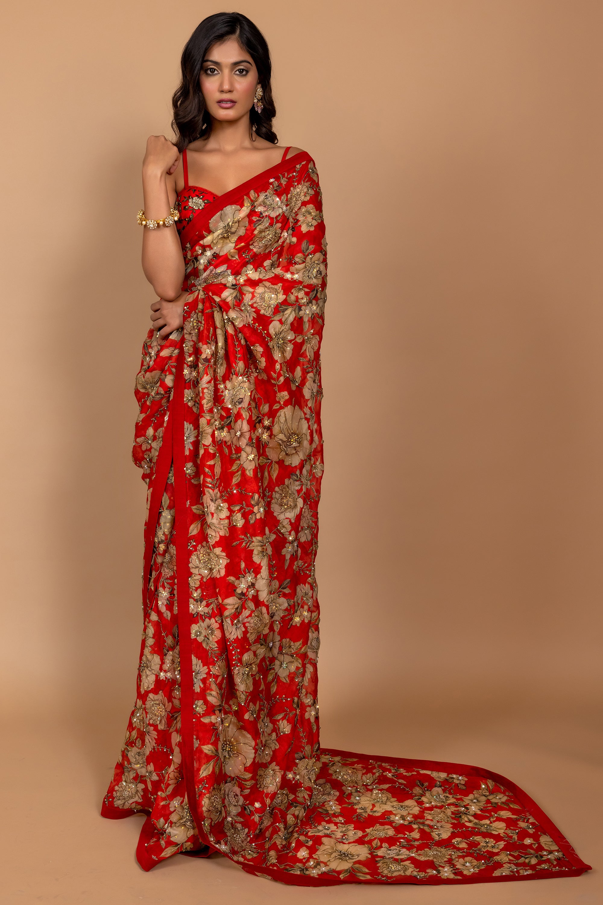 Red Floral Printed & Embroidered Saree Set