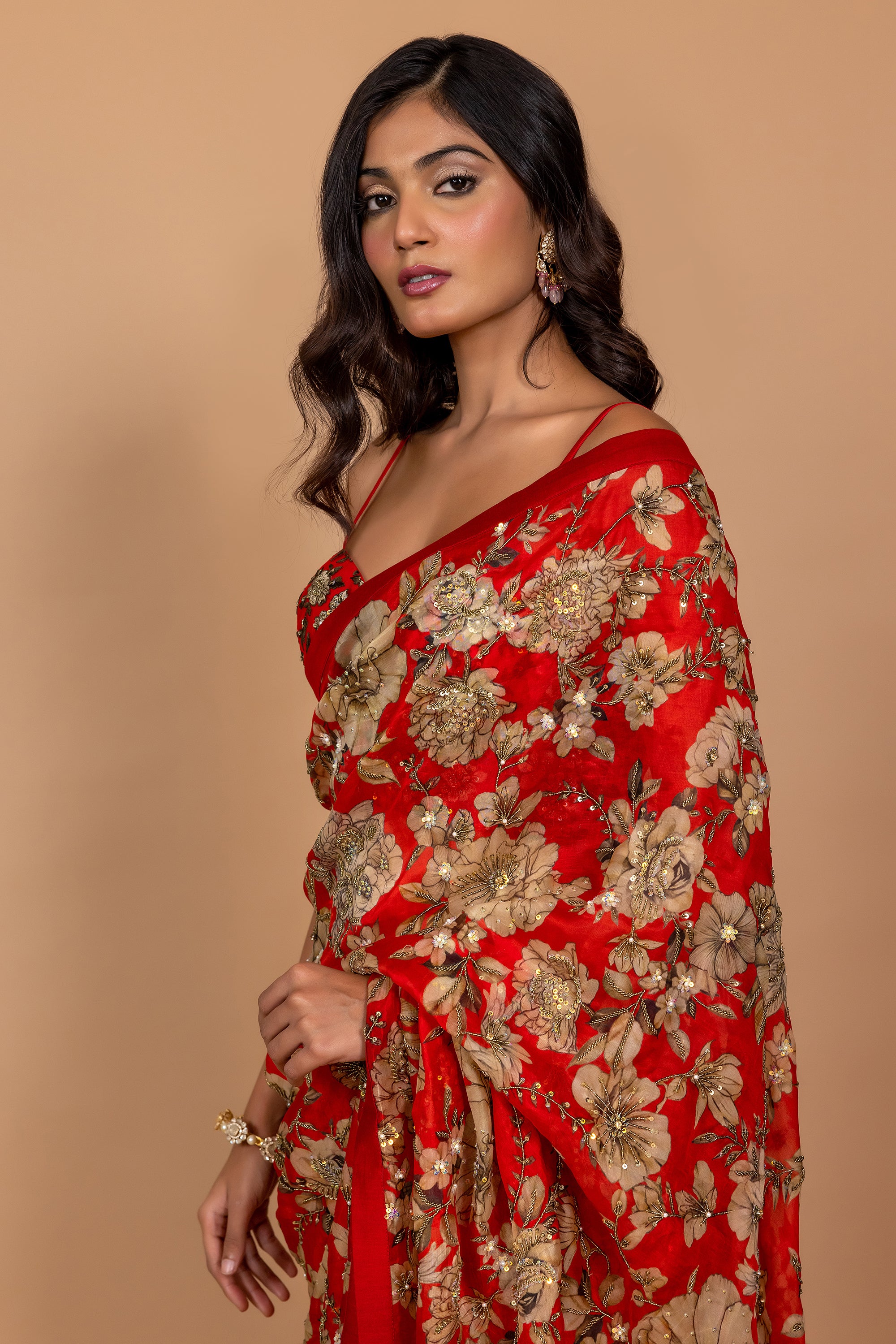 Red Floral Printed & Embroidered Saree Set