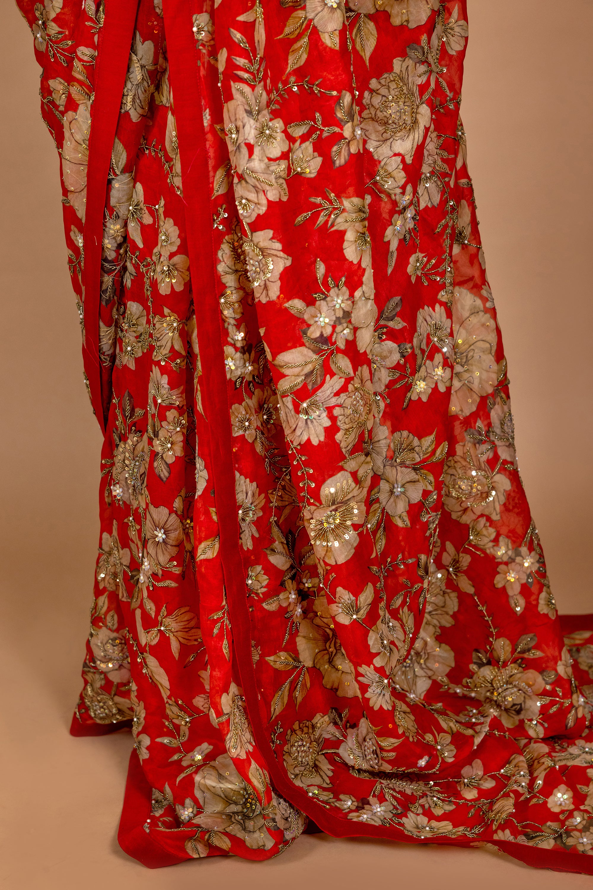Red Floral Printed & Embroidered Saree Set