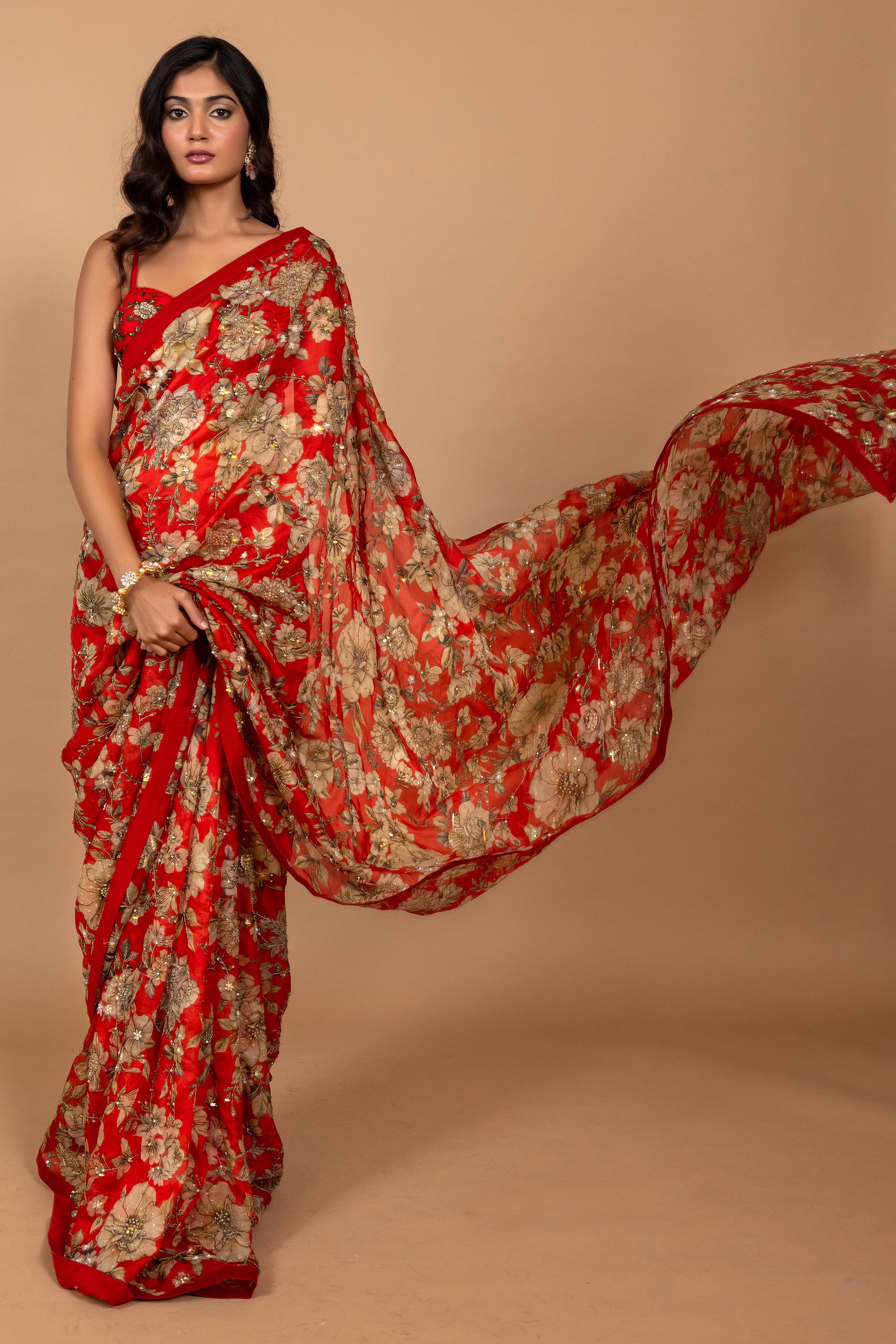 Red Floral Printed & Embroidered Saree Set