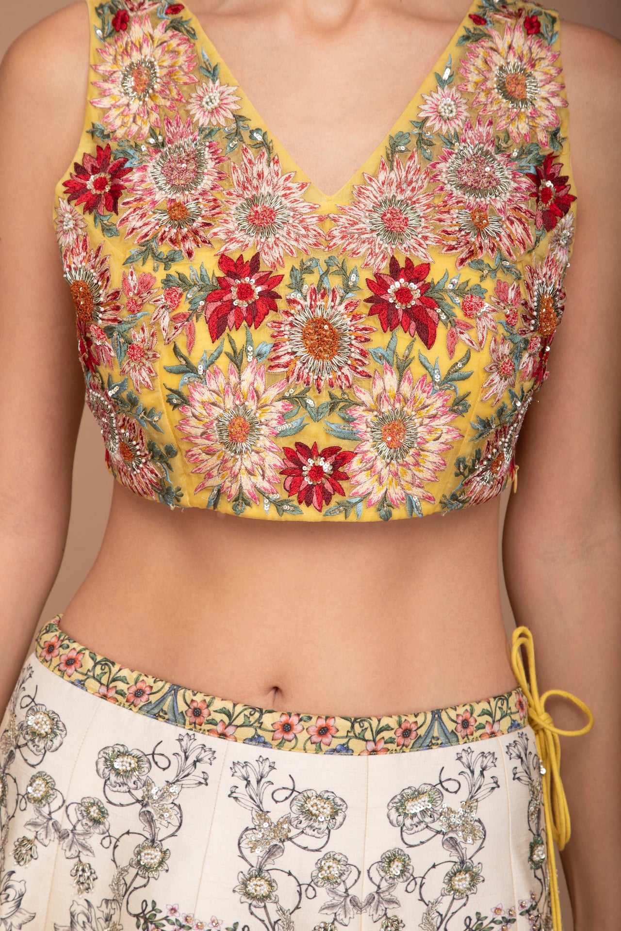 Yellow Multi Coloured Raw Silk Lehenga Set