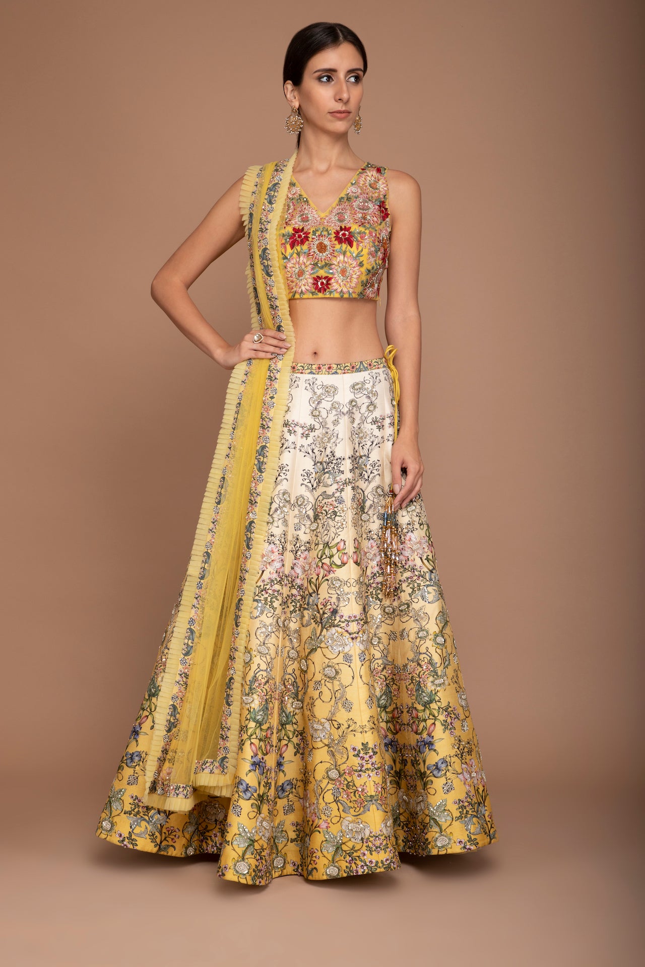 Yellow Multi Coloured Raw Silk Lehenga Set