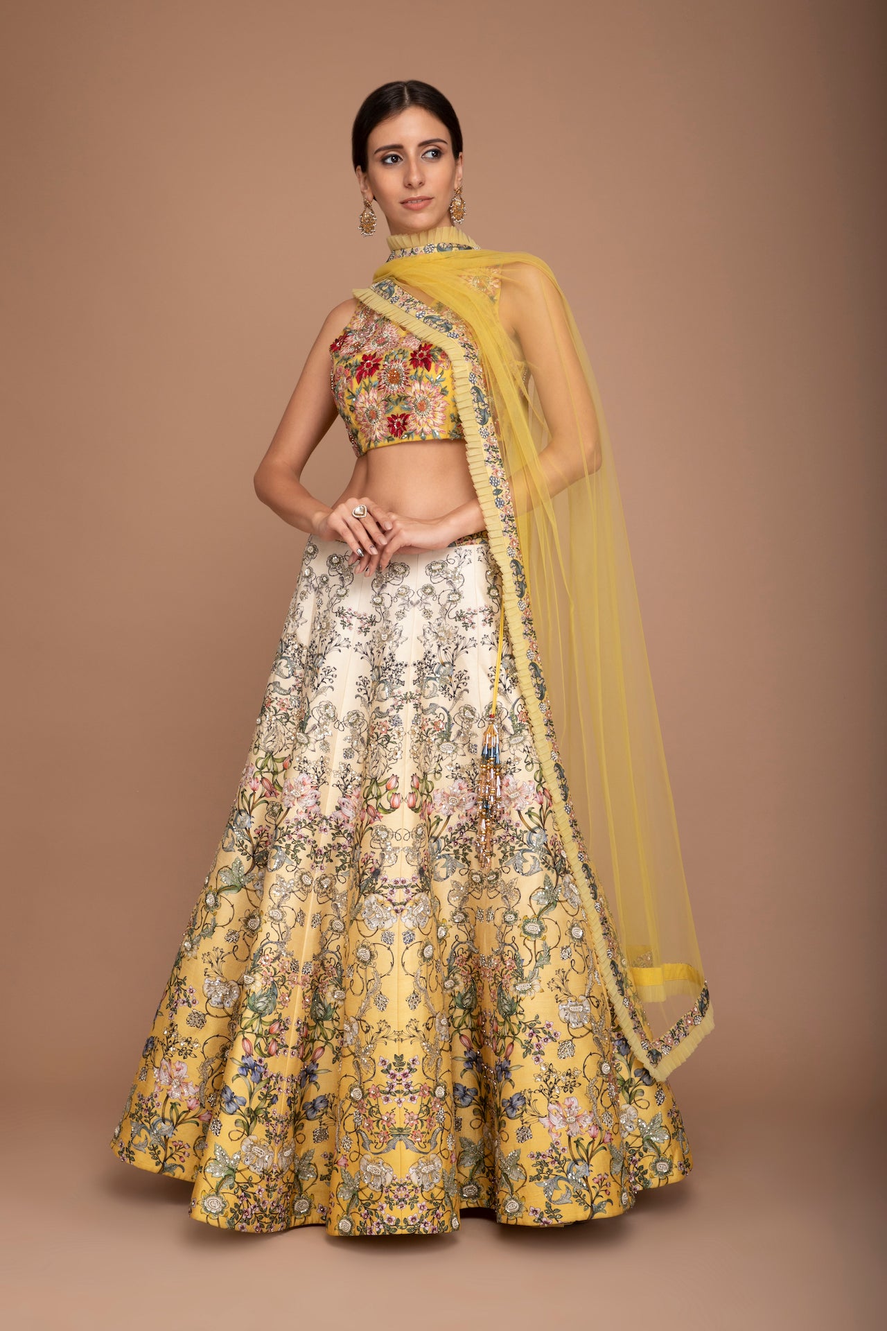 Yellow Multi Coloured Raw Silk Lehenga Set
