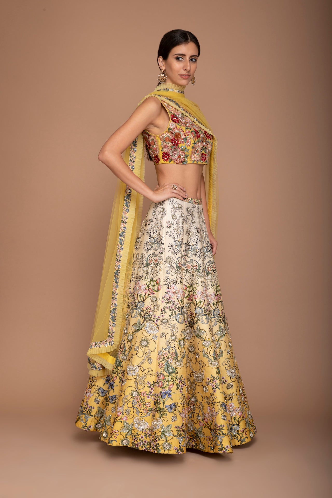 Yellow Multi Coloured Raw Silk Lehenga Set