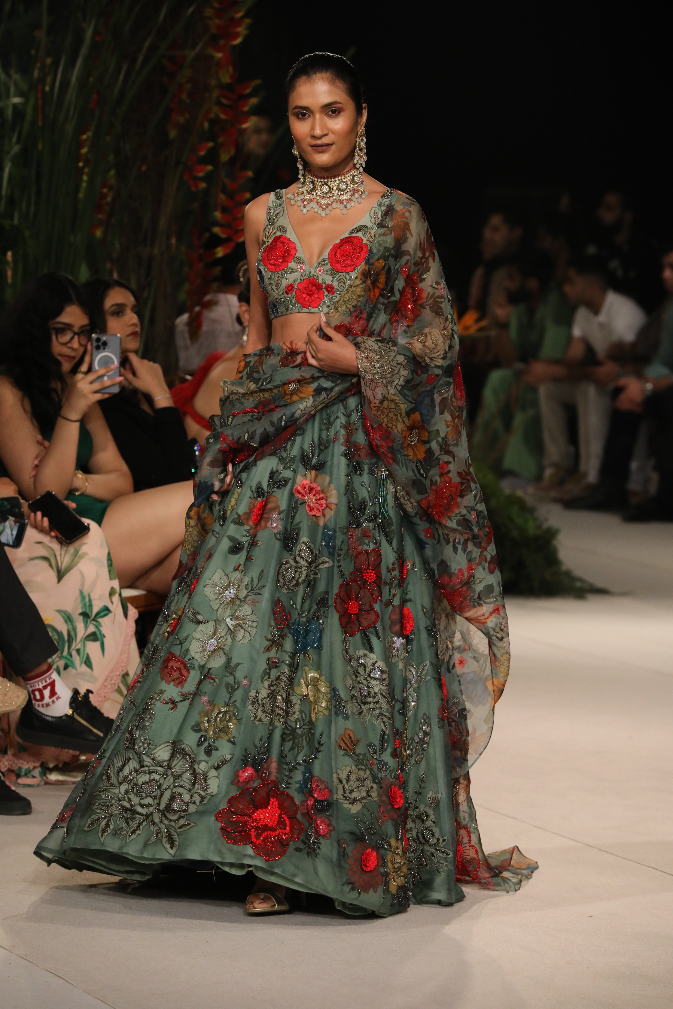 Sage Green Floral Printed Organza Lehenga Set
