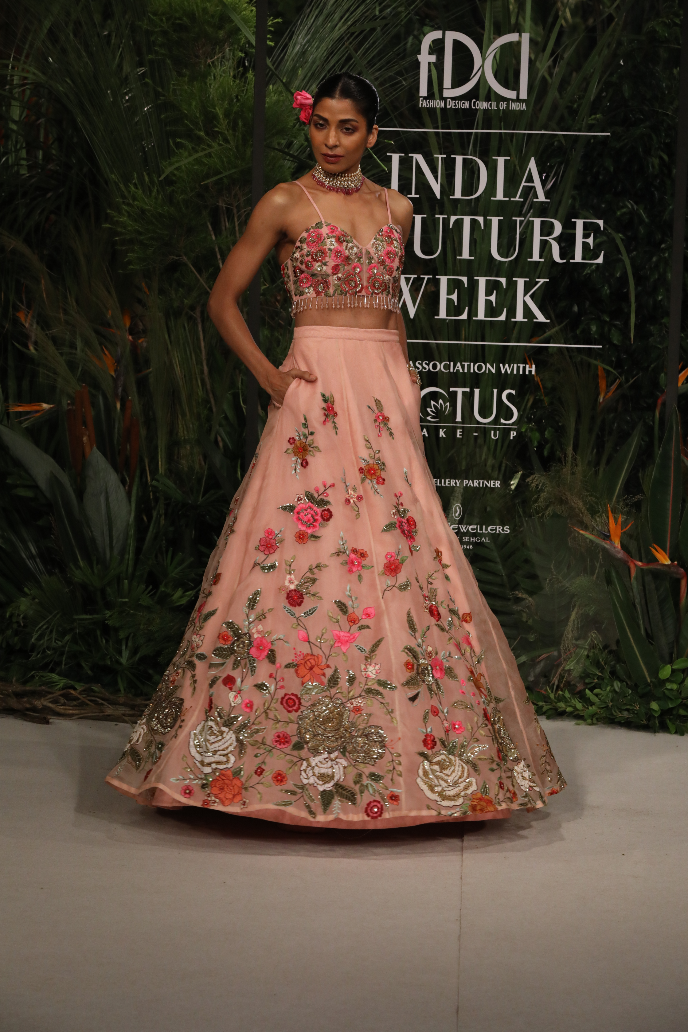 Pink Organza Embroidered Floral Lehenga Set