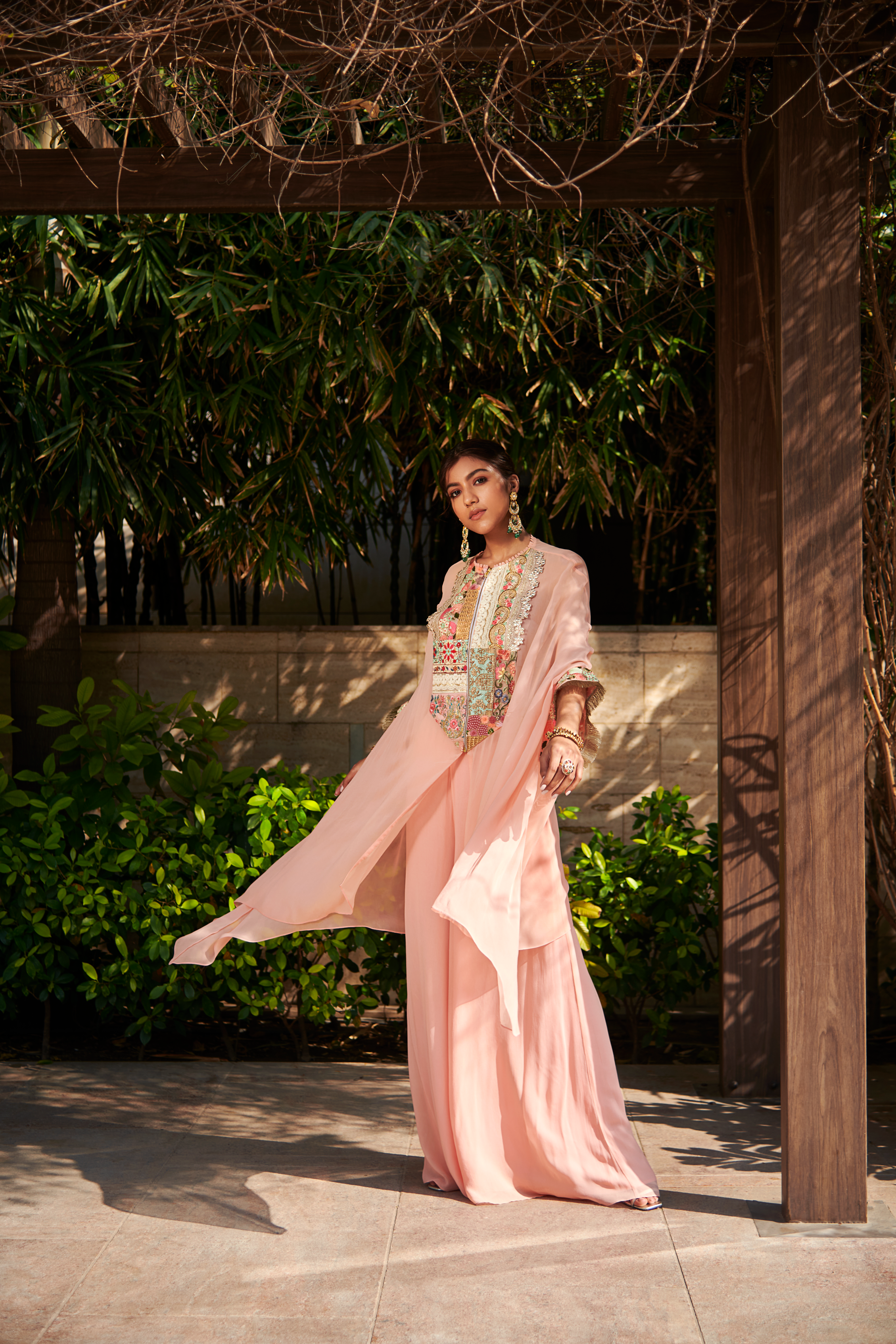 Multi Patch Peach Zipper Tunic & Sharara Set