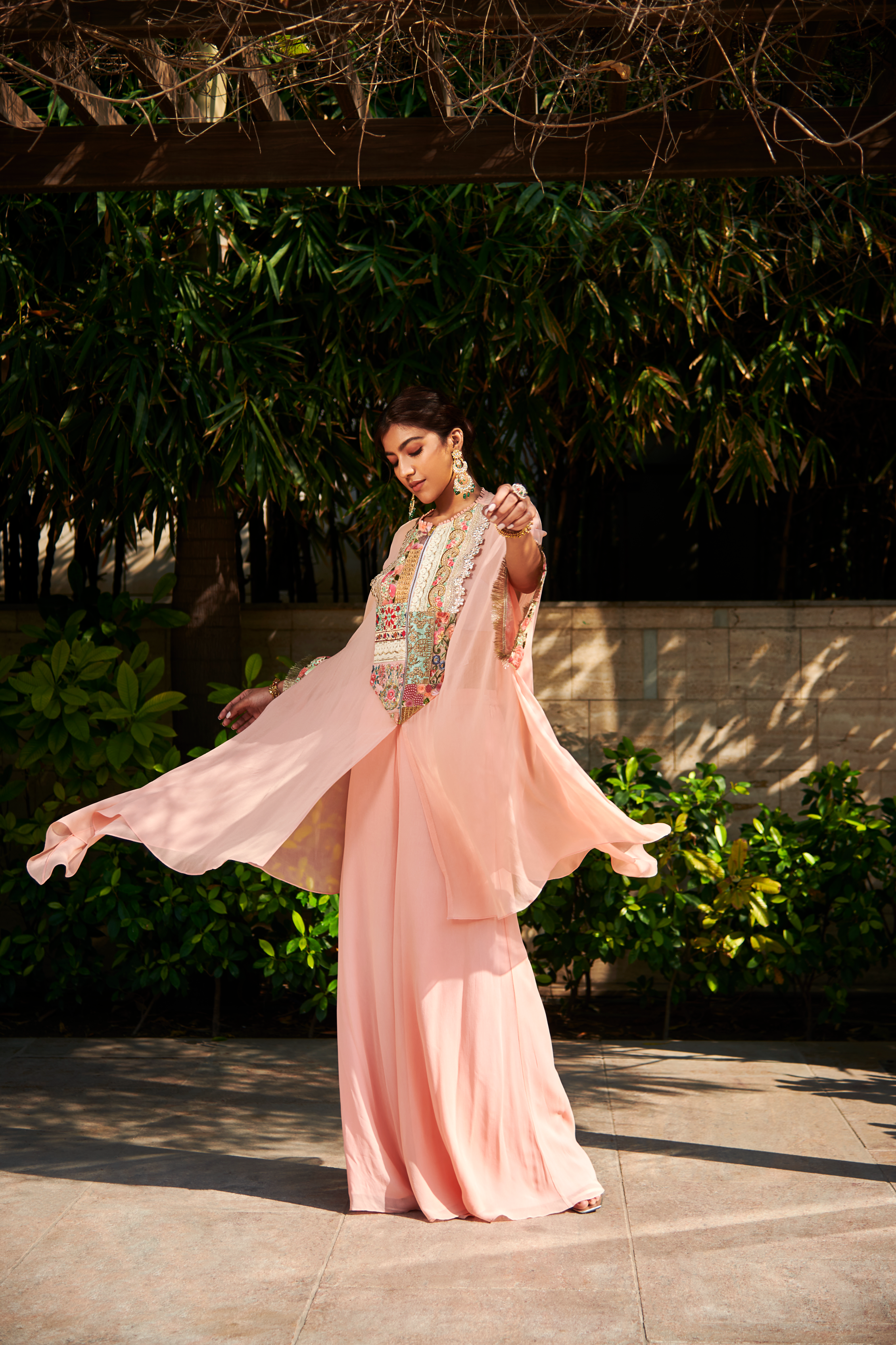 Multi Patch Peach Zipper Tunic & Sharara Set