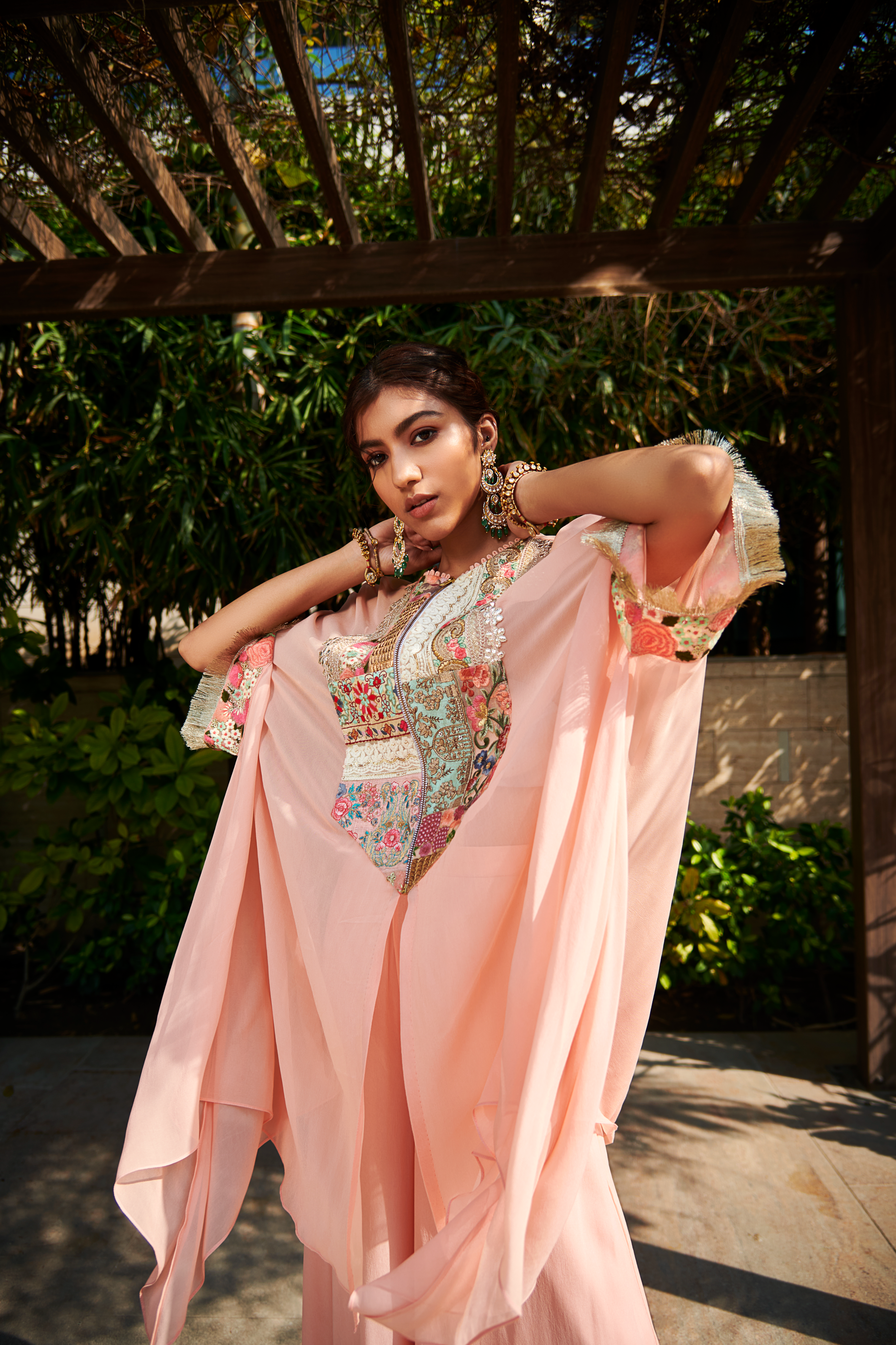 Multi Patch Peach Zipper Tunic & Sharara Set