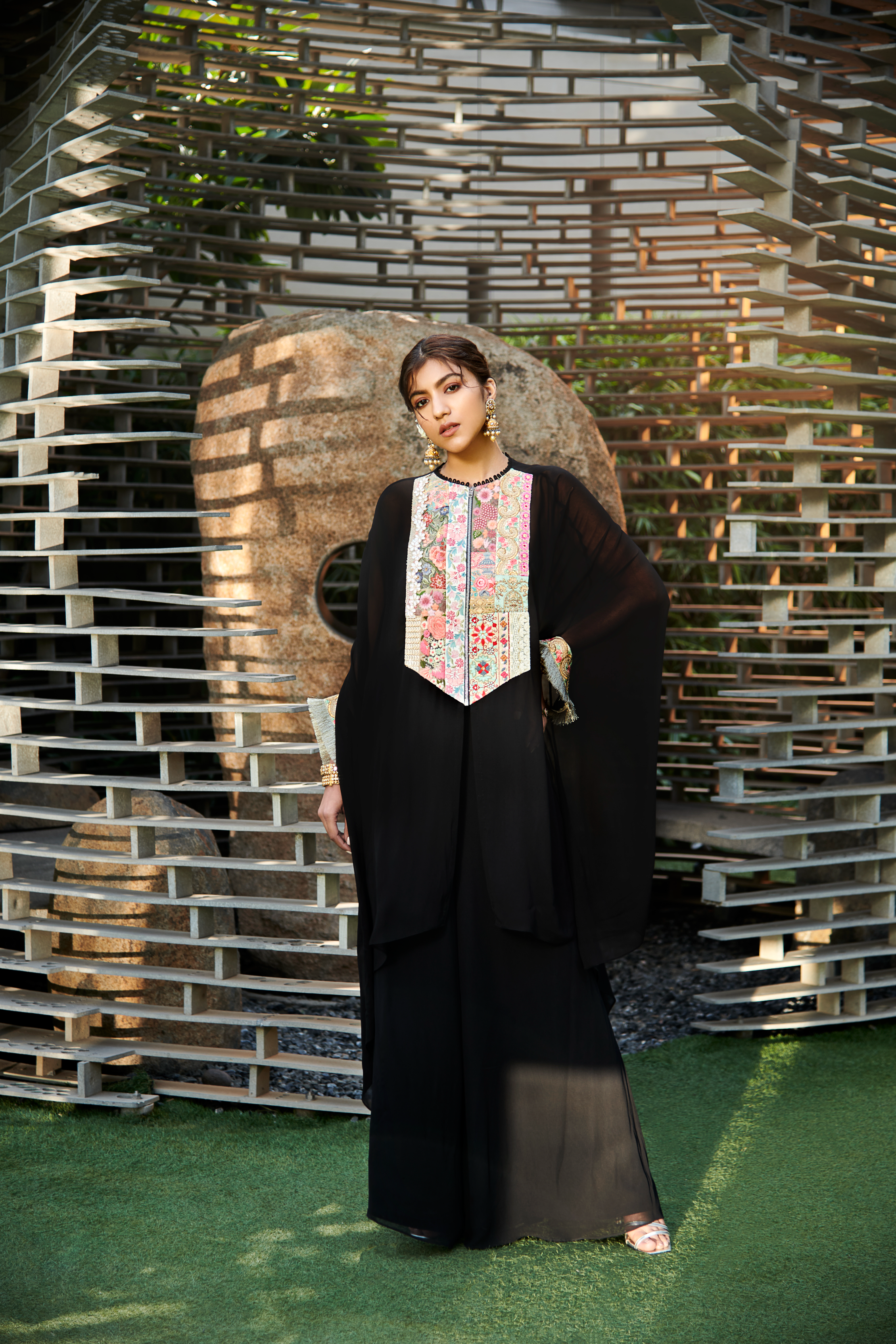Multi Patch Black Zipper Tunic & Sharara Set