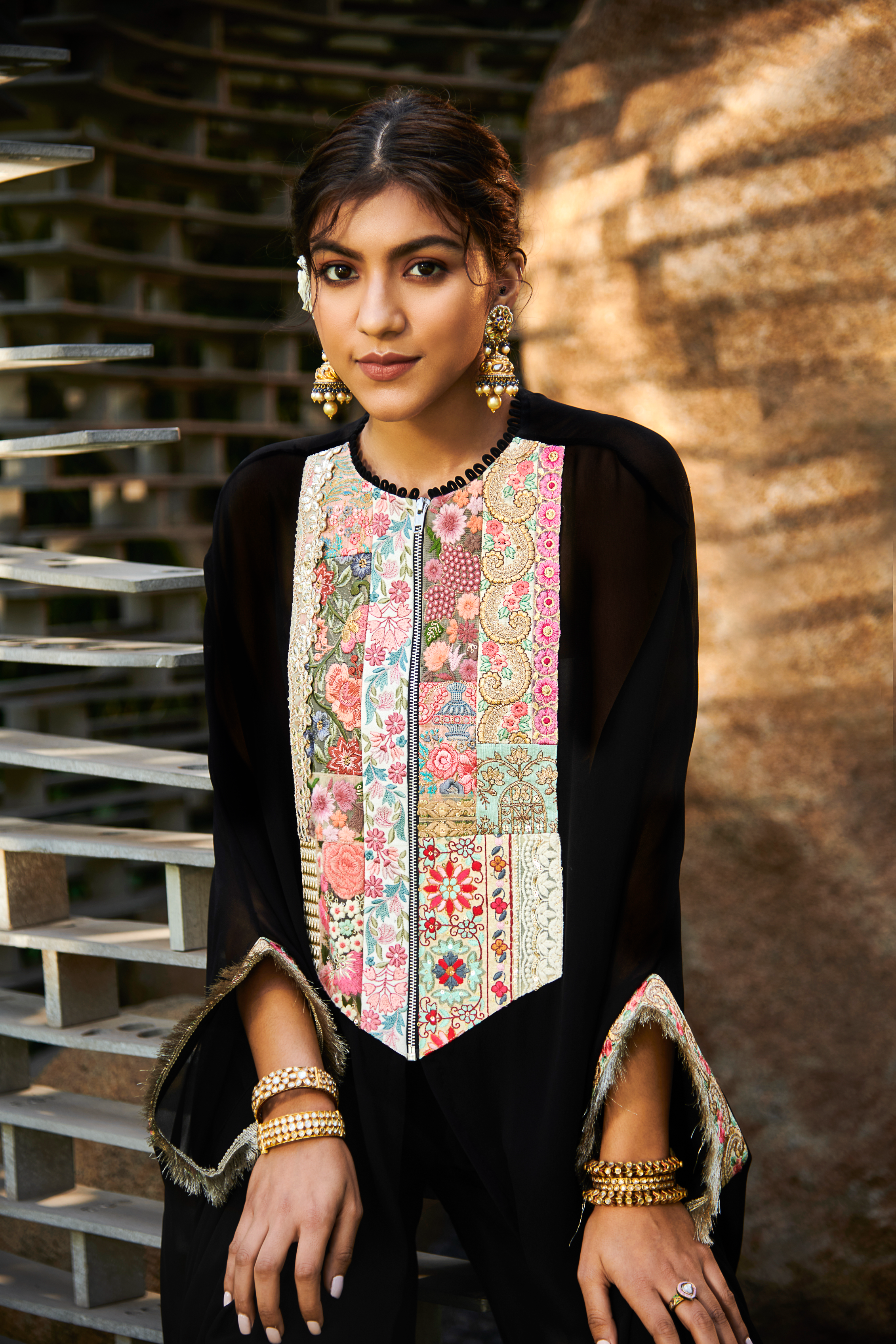 Multi Patch Black Zipper Tunic & Sharara Set