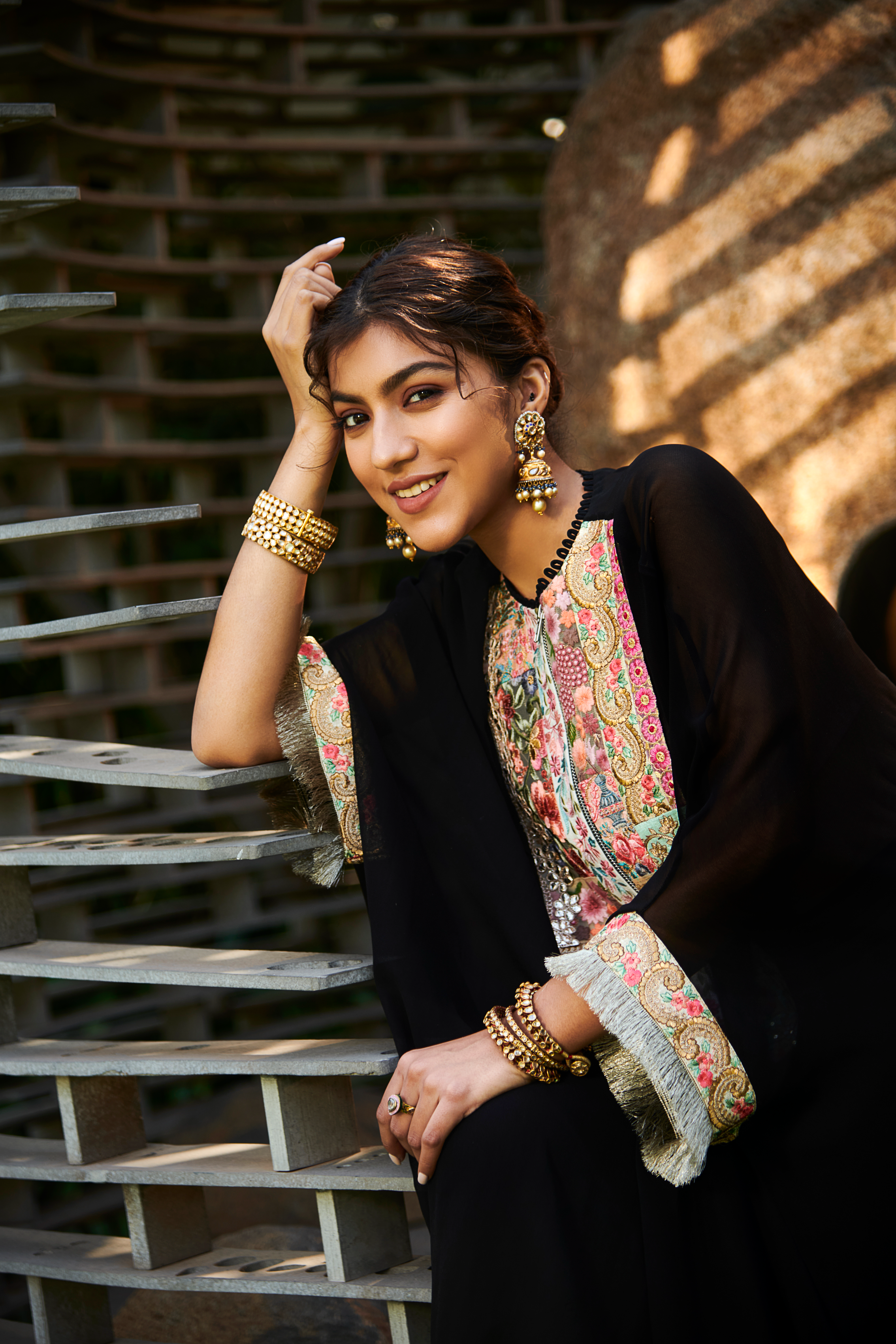 Multi Patch Black Zipper Tunic & Sharara Set