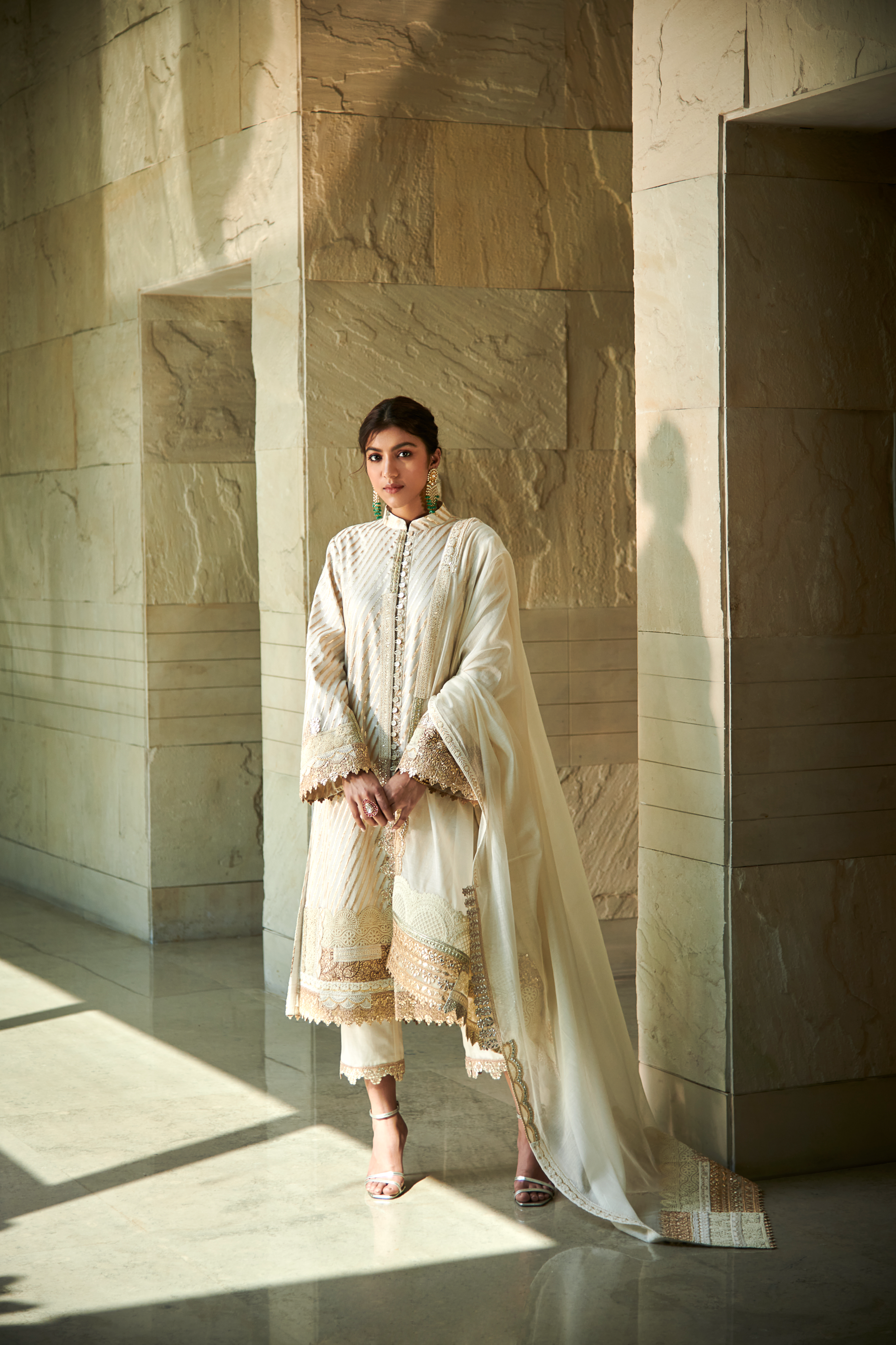 Multi Patch Ivory & Gold Front Open Suit Set