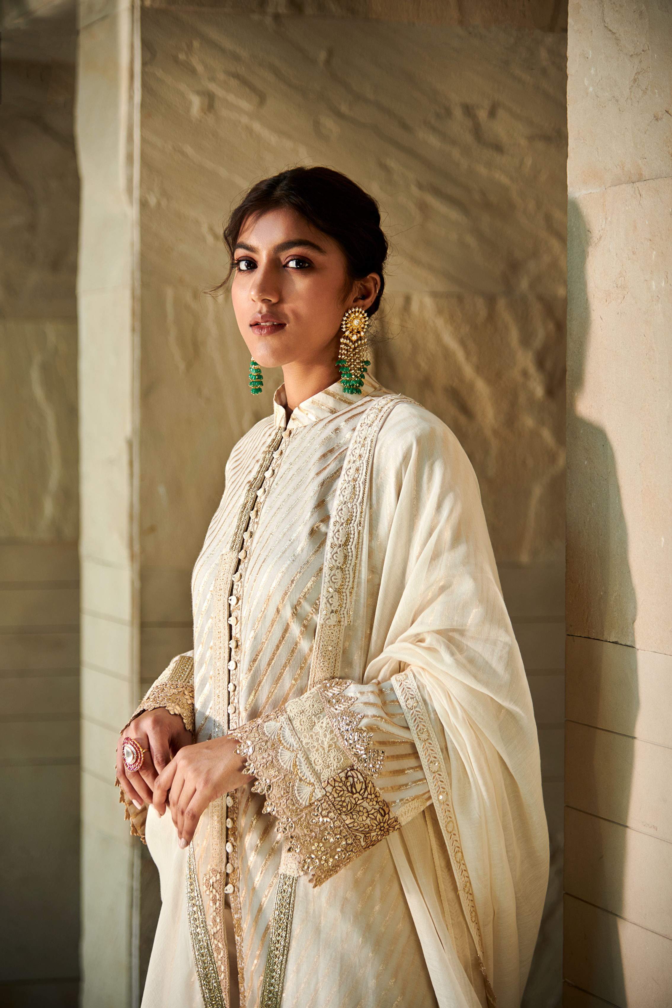 Multi Patch Ivory & Gold Front Open Suit Set